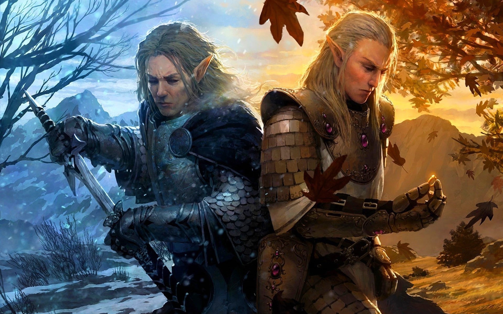 weapons, Long, leaves, swords, snow, Evil, warriors, elves, rings, artwork, fantasy, VS, Good, art, 1080P, ears, HD Wallpaper