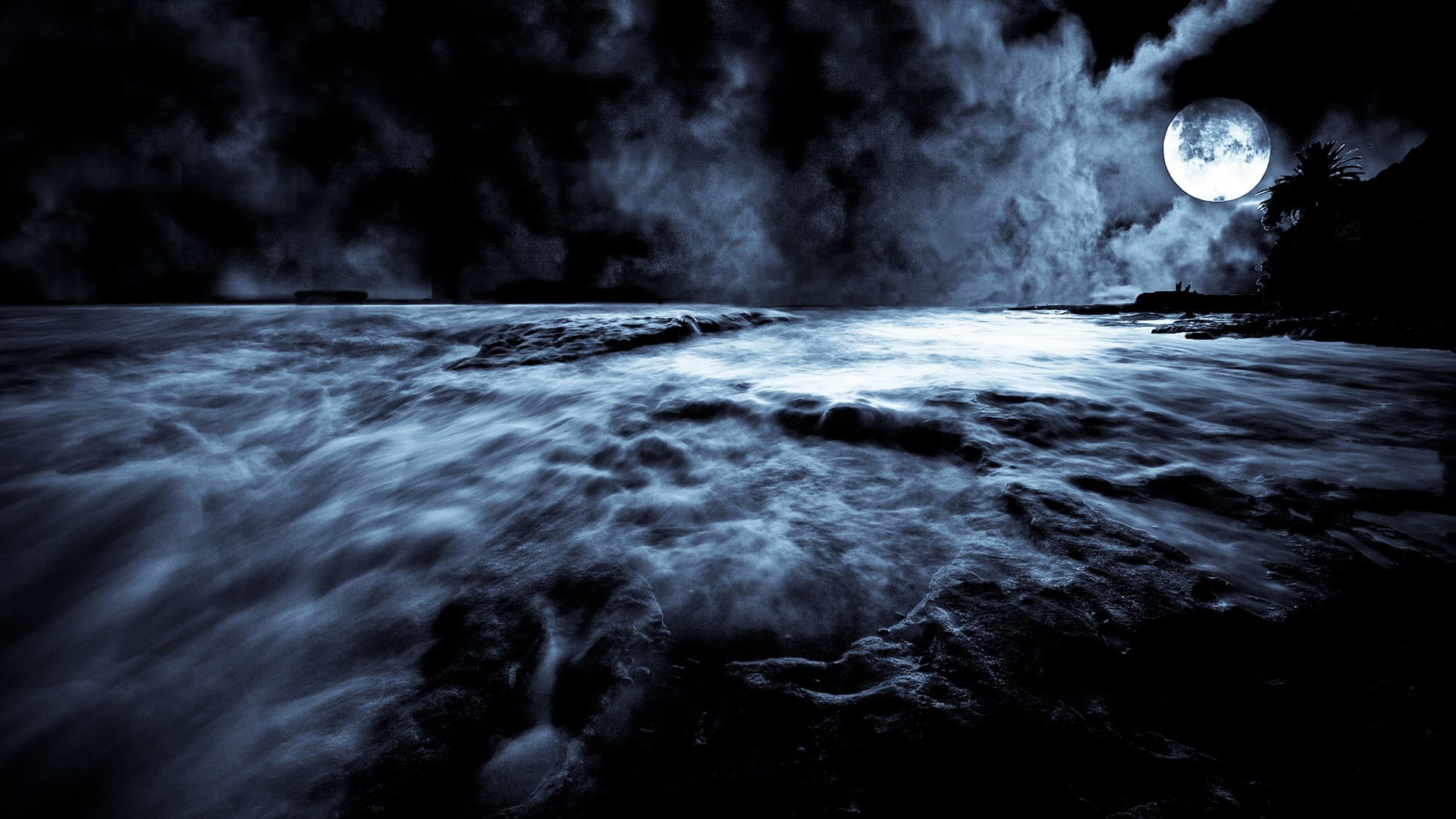Moon, clouds, outdoors, moonlight, cloud - sky, motion, scenics - nature, sky, beauty in nature, wave, monochrome, night, heavenly, water, blurred motion, HD Wallpaper