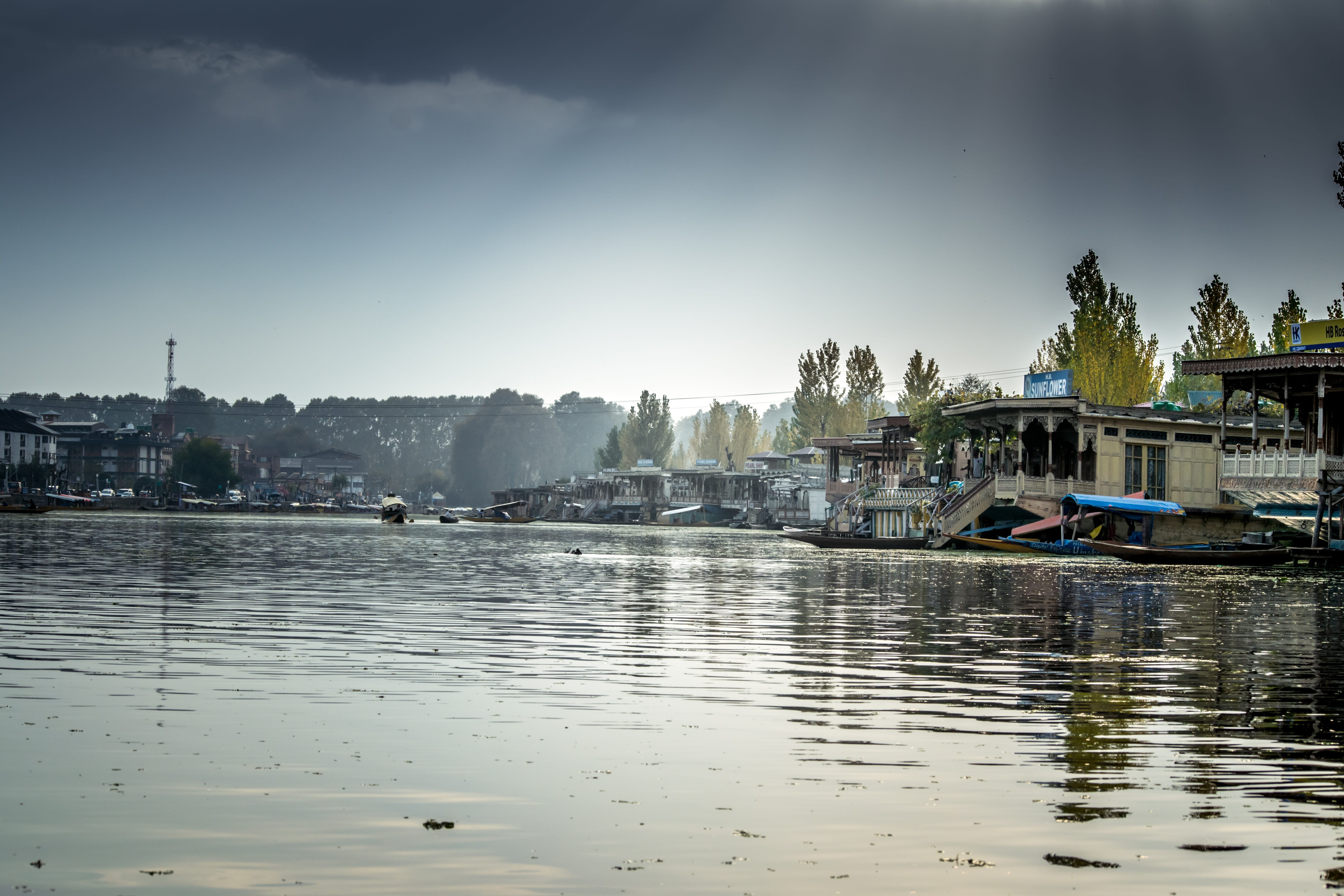 nautical vessel, building exterior, skyscraper, light, sunlight, no people, water, sky, srinagar, shikara, kashmir, built structure, 5K, cloud - sky, travel destinations, HD Wallpaper
