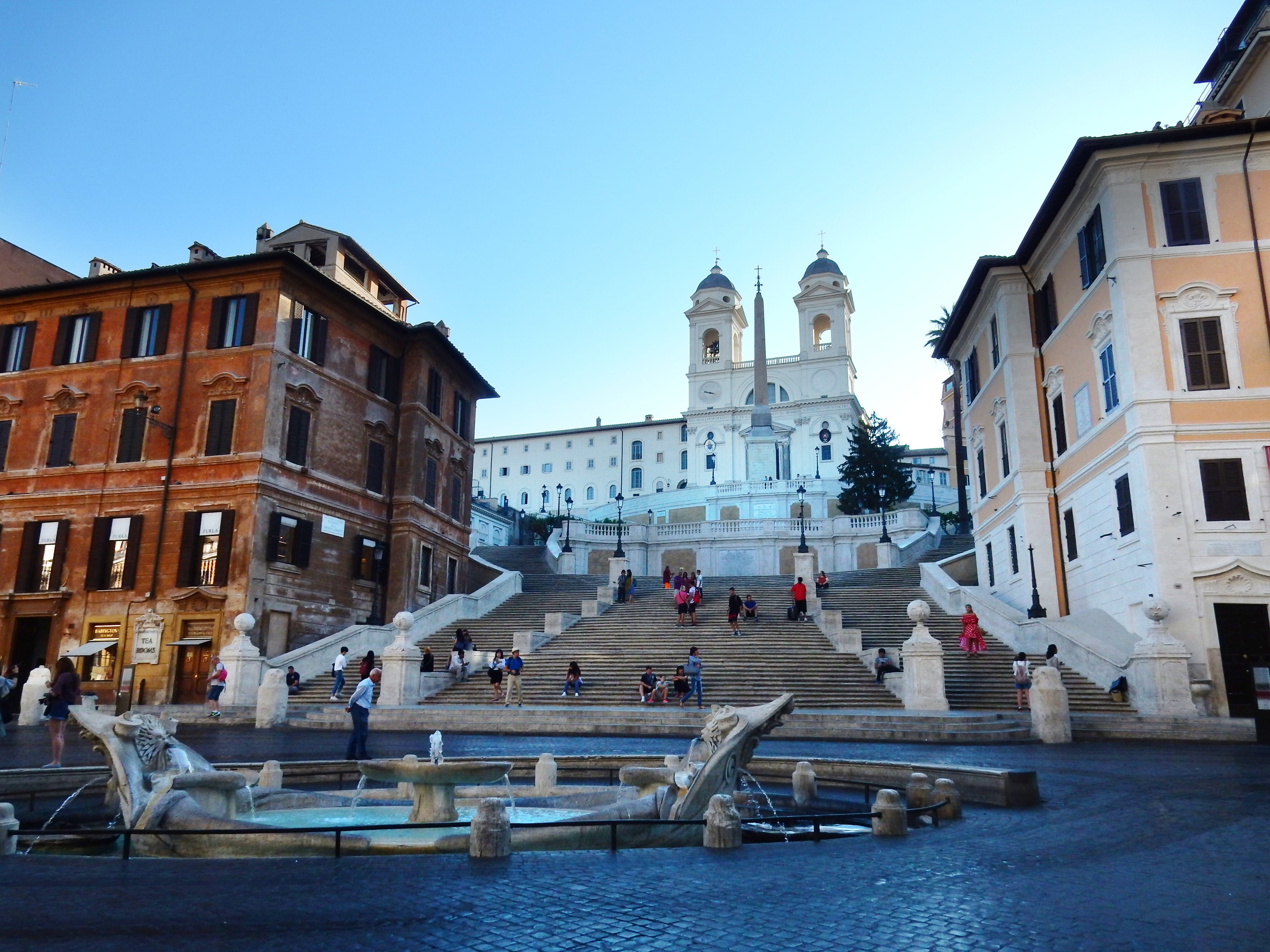 italy, 1723, santa trinità dei monti, religion, spanish steps, 4K, built structure, rome, clear sky, morning, church, sky, nature, via condotti, fontana della barcaccia, HD Wallpaper