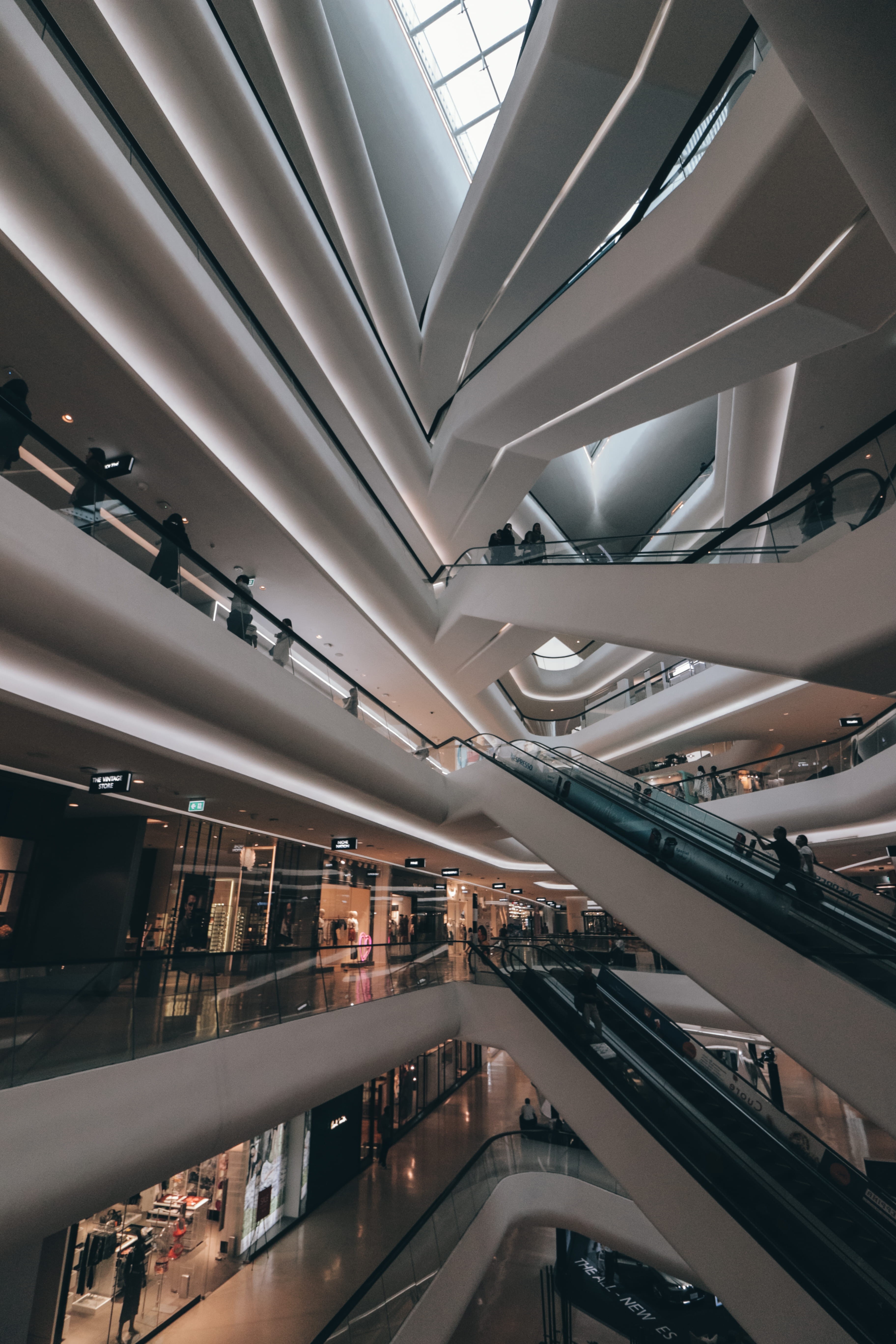 escalator, high angle view, public transportation, housing, bangkok, city, architech, indoors, built structure, real people, downtown, travel, men, modern, Phone HD Wallpaper