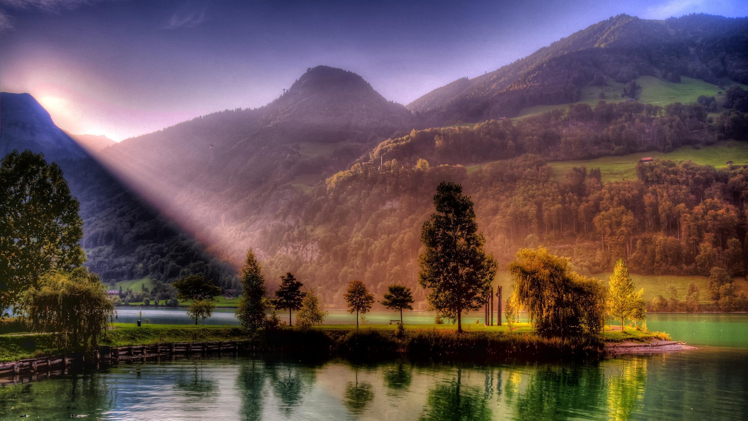 2K, mountain, 3d and abstract, light, body, near, enlightening, water, shine, sunlight, beautiful, green, trees, tonemapped, HD Wallpaper