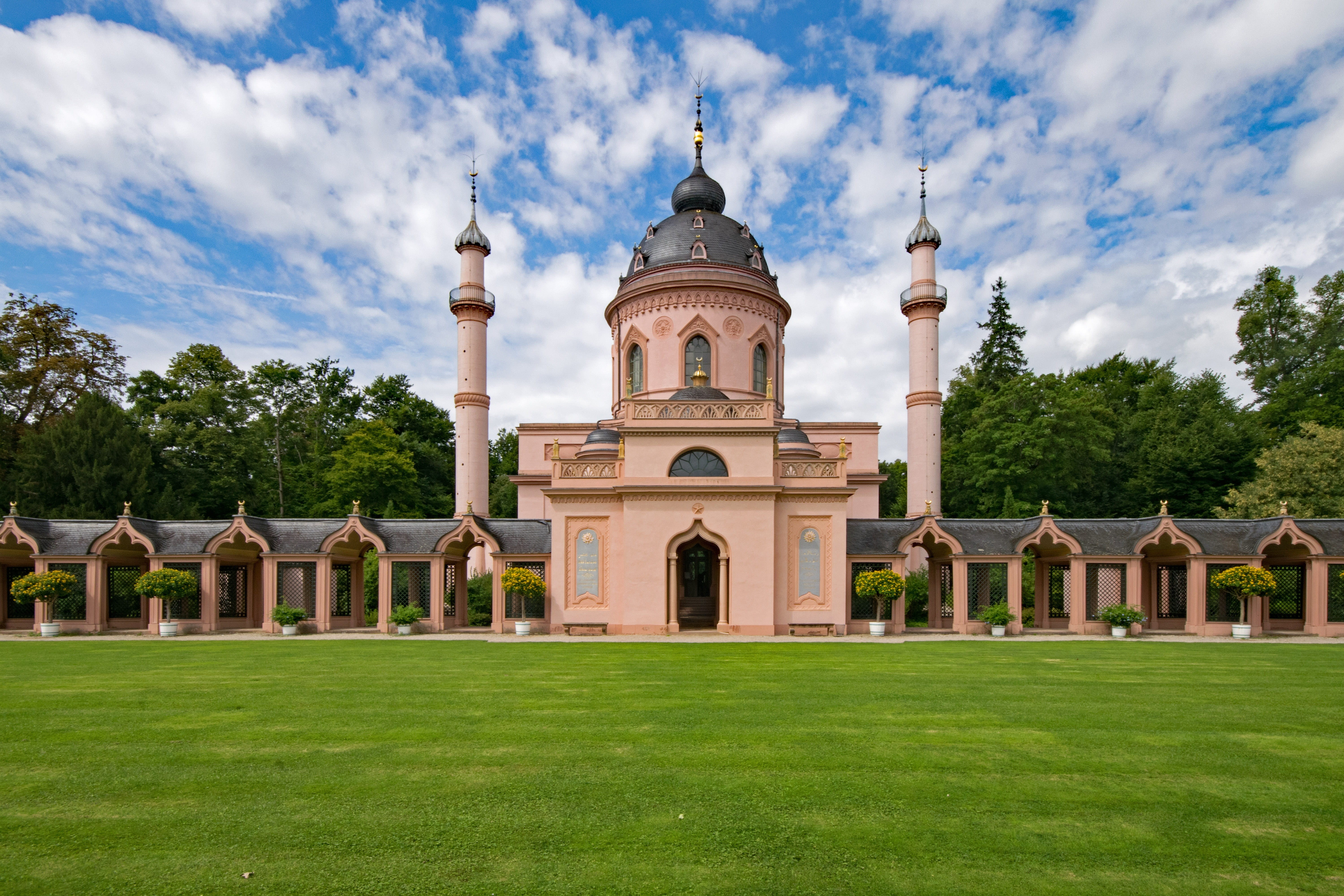places of interest, tower, enlightenment, 5K, baden württemberg, old building, mosque, travel, cloud - sky, plant, orient, tree, grass, schlossgarten, HD Wallpaper