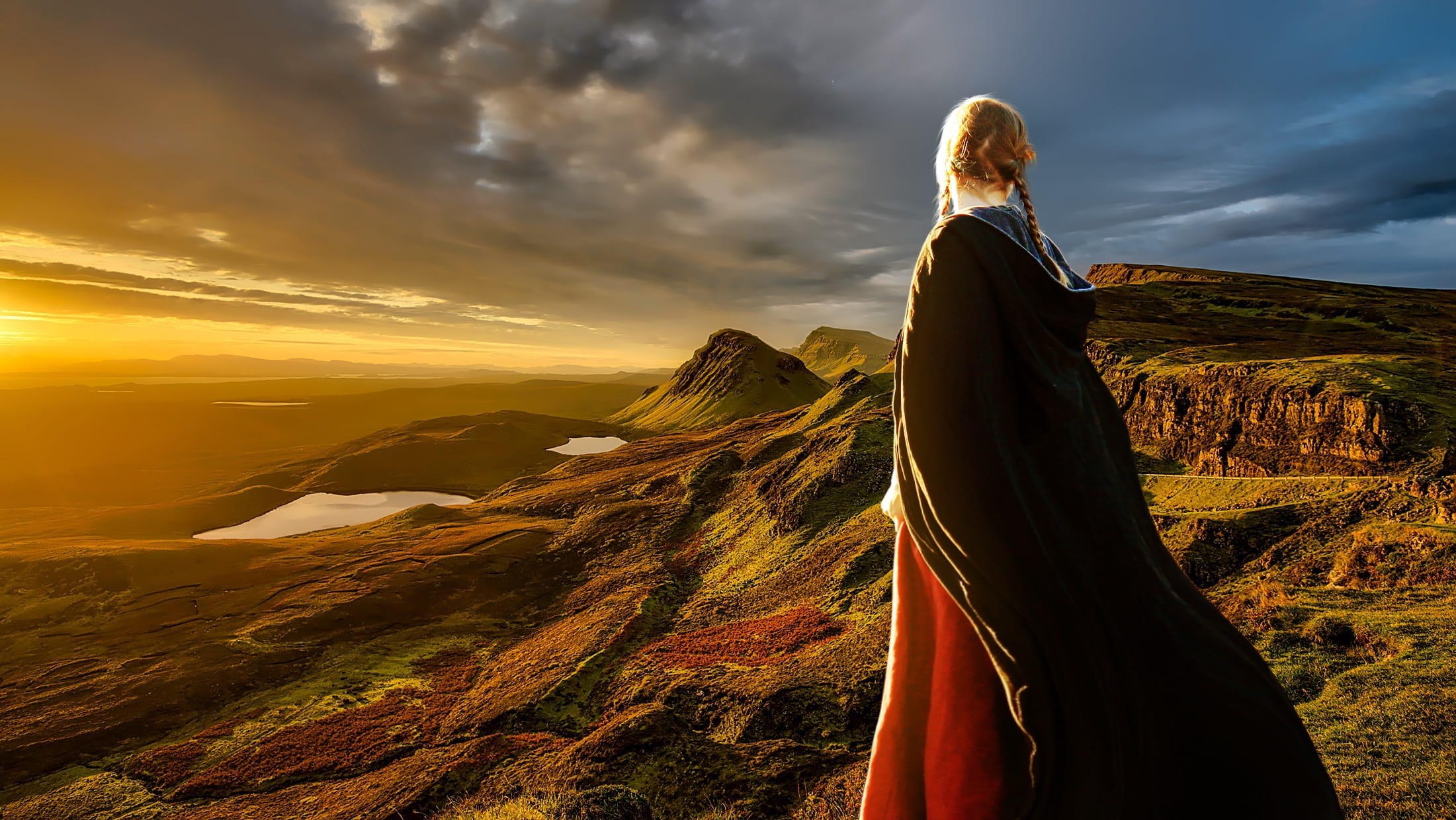 women, mood, ireland, pose, girl, outdoors, beauty in nature, scotland, fighter, view, coat, scenic, weather mood, sunset, child, daytime, wearing, rural, HD Wallpaper