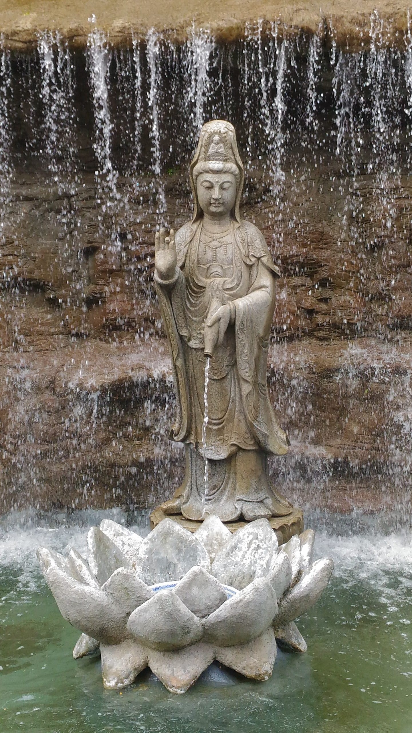female likeness, day, sculpture, nature, buddhism, water, fountain, outdoors, creativity, human representation, architecture, spirituality, motion, no people, Phone HD Wallpaper