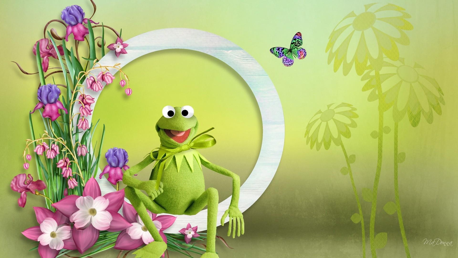 frog, flowers, green, 1080P, animals, trees, firefox persona, butterfly, summer, spring, HD Wallpaper