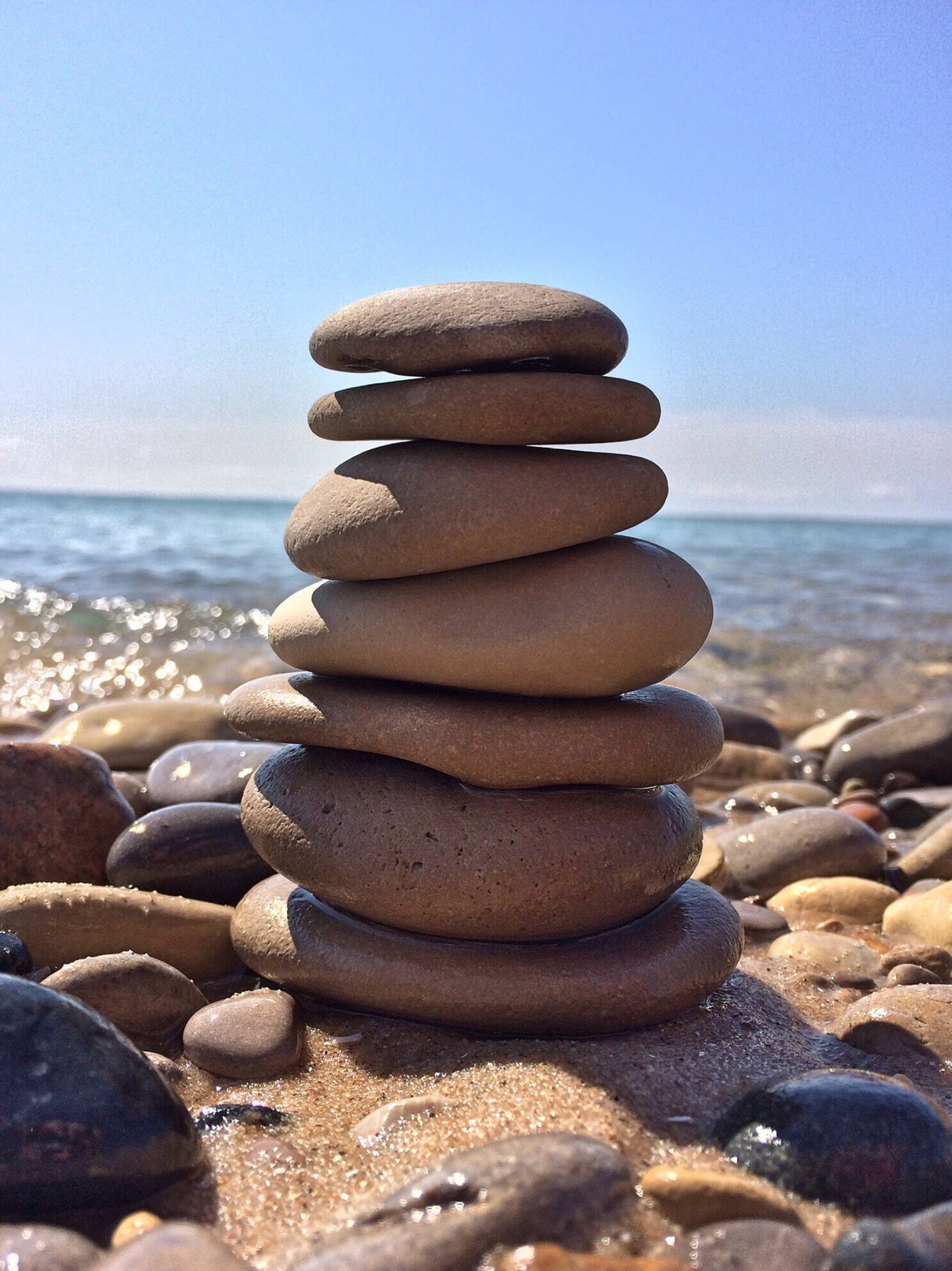 solid, relaxation, horizon over water, outdoors, stone, zen, sky, 2K, pebble, balance, no people, arrangement, land, sea, zen-like, harmony, scenics - nature, Phone HD Wallpaper