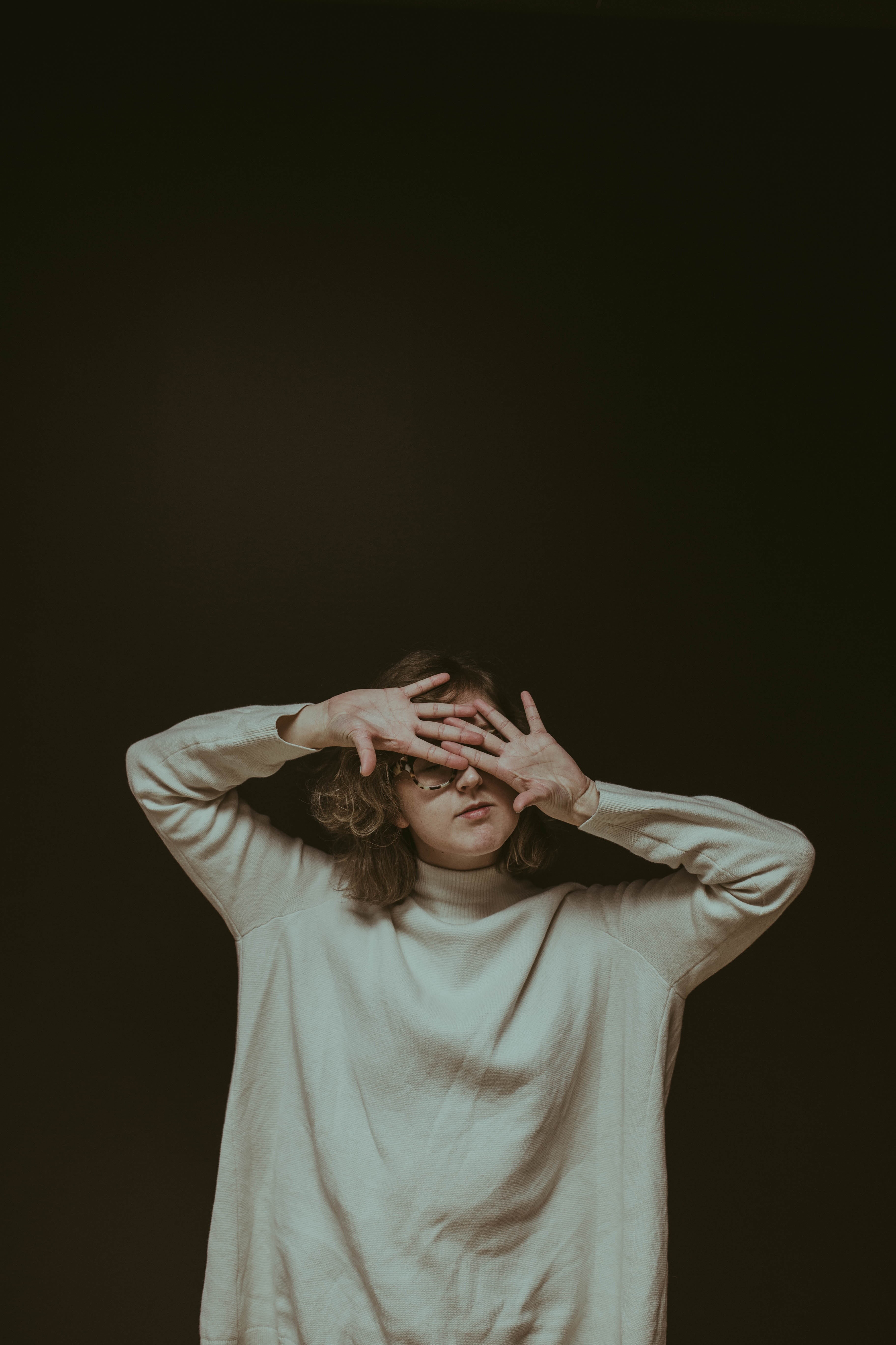 sweatshirt, hairstyle, raising, hands covering eyes, casual clothing, eyeglasses, children only, one girl only, child, hand, cut out, woman, human body part, Phone HD Wallpaper