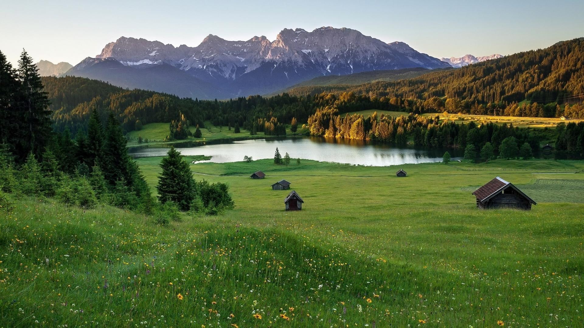 lake, 1080P, cabins, nature and landscapes, meadow, lakes, mountains, alps, HD Wallpaper