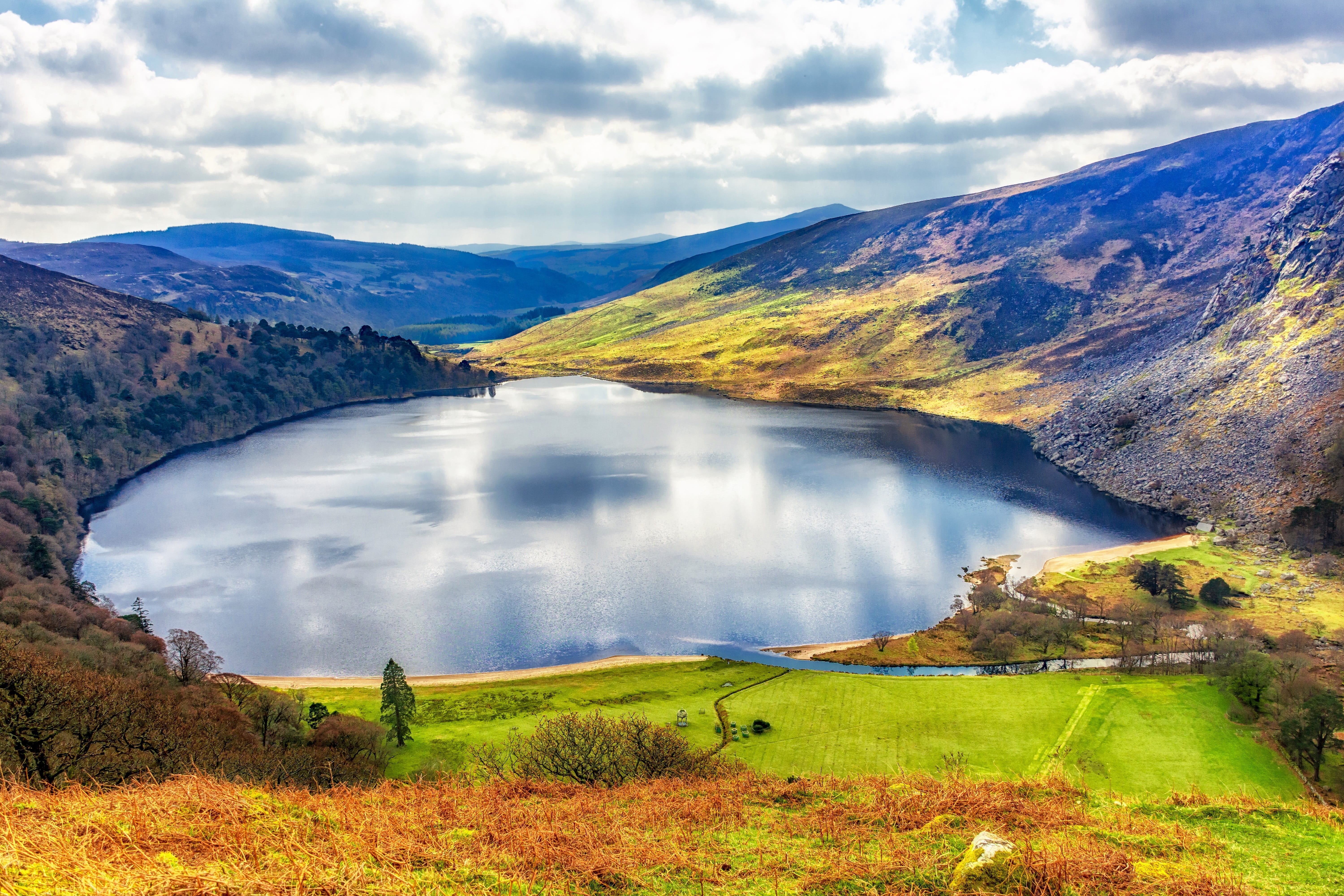 flowing, outdoor, cloud - sky, lake, tranquil scene, countryside, outdoors, vikings, flowing water, sky, no people, day, water, lough tay, scenery, green color, HD Wallpaper