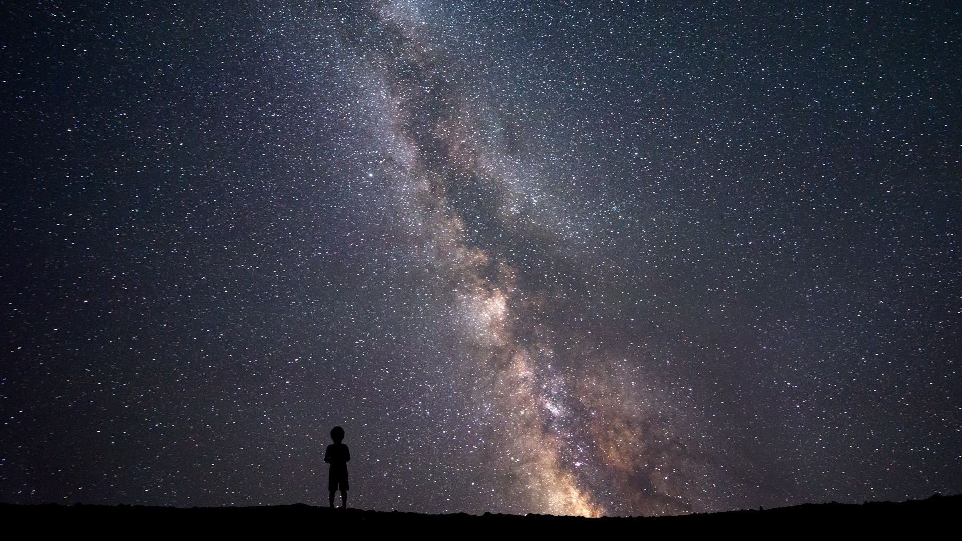 night, milky way, space, one person, awe, galaxy, stars, star, scenics - nature, outdoors, silhouette, 1080P, beauty in nature, tranquil scene, standing, HD Wallpaper
