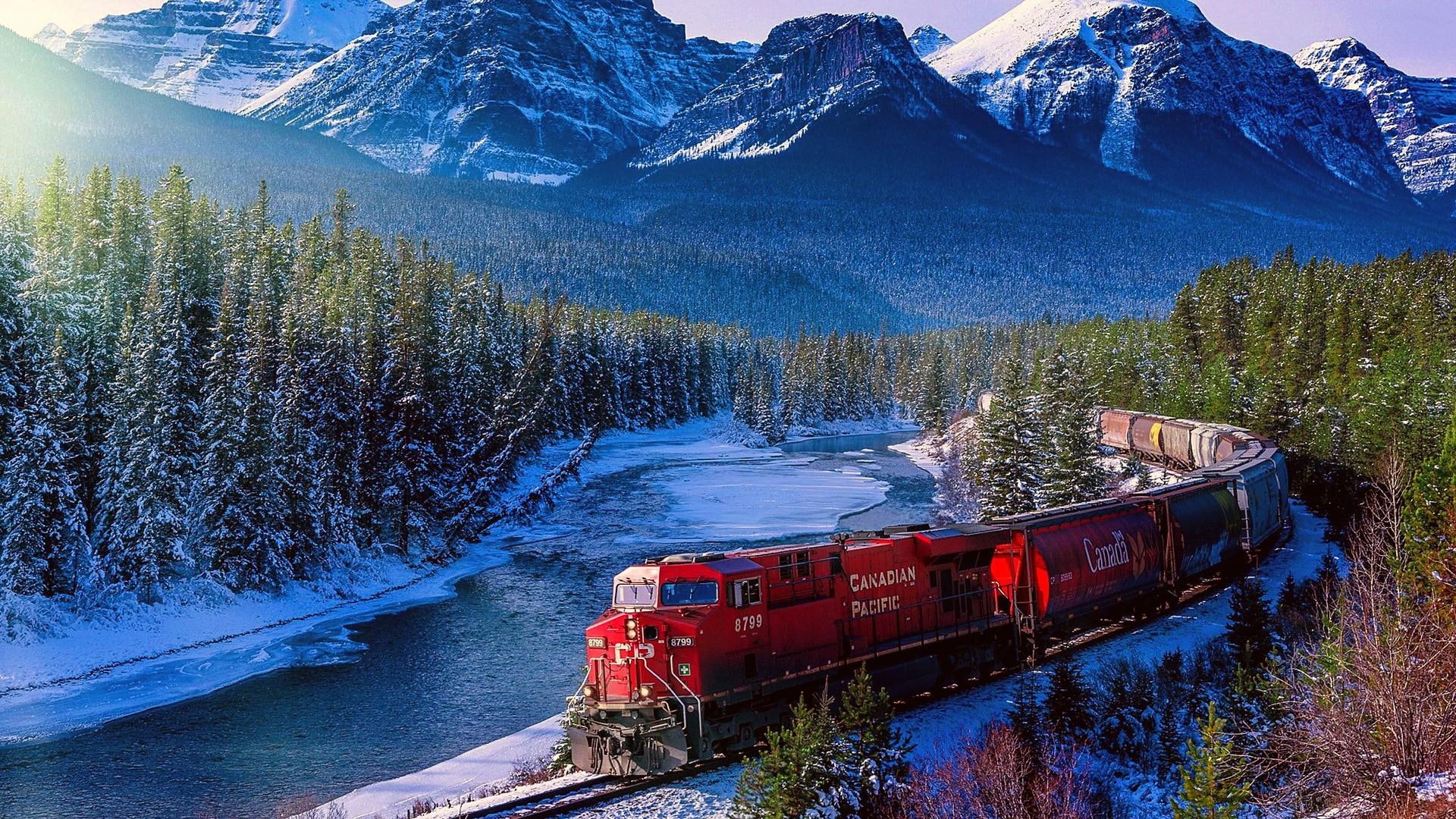 mountains, canadian pacific train, beautiful, forest, 1080P, stunning, snow, winter, train, river, landscape, pine forest, HD Wallpaper
