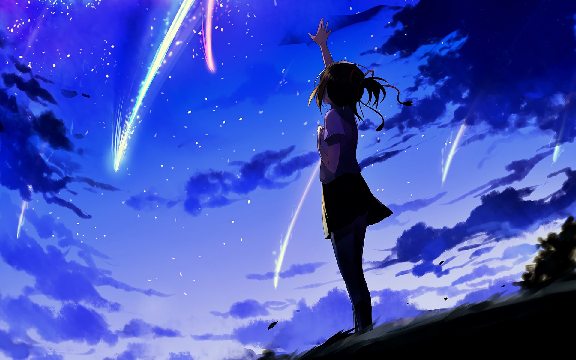 sky, adult, arms raised, beauty in nature, mitsuha miyamizu, real people, rear view, leisure activity, lifestyles, women, one person, silhouette, nature, HD Wallpaper