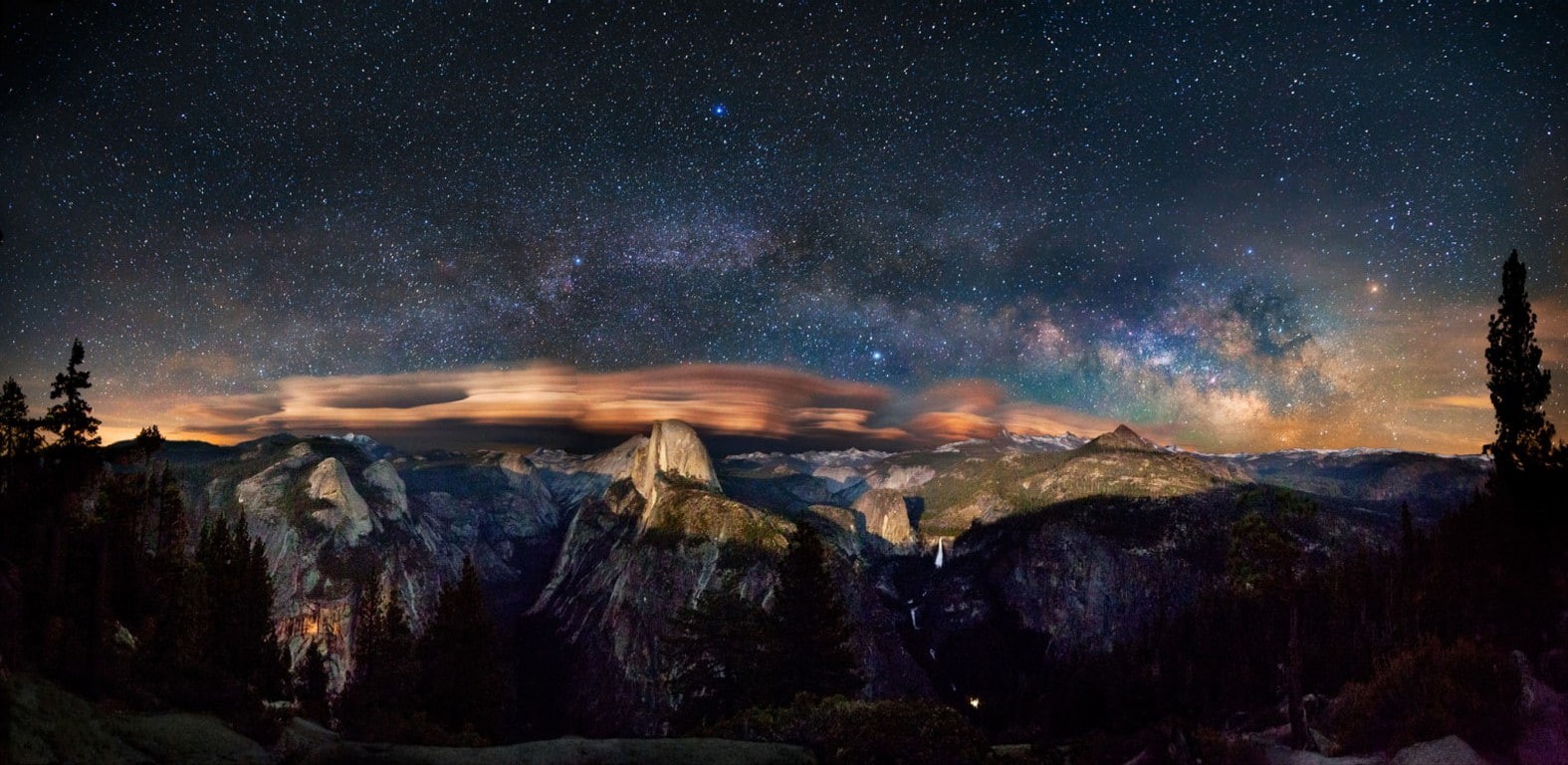 panoramas, landscape, clouds, nature, long exposure, mountains, 720P, Yosemite National Park, starry night, forest, Milky Way, HD Wallpaper