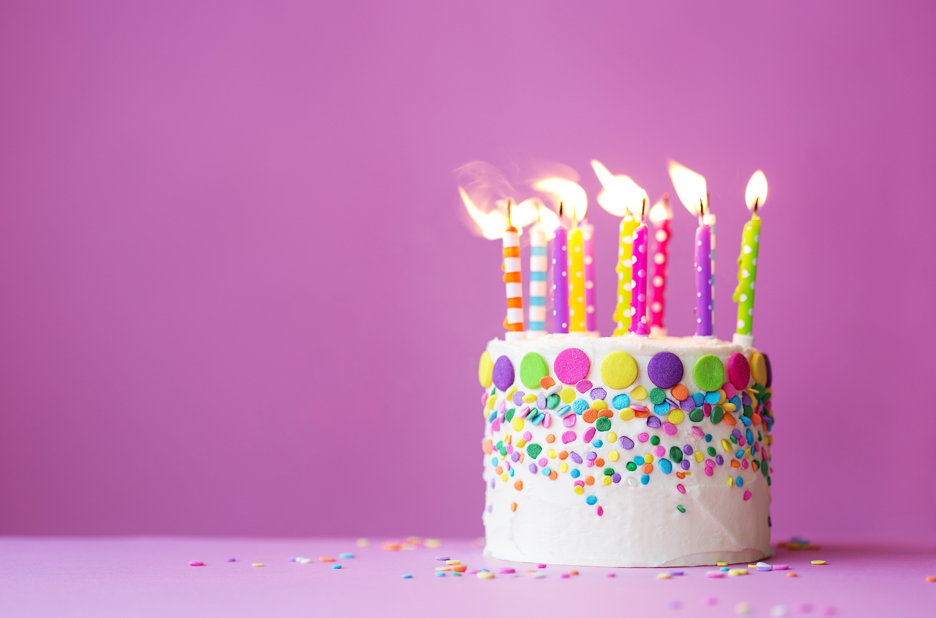 no people, burning, dessert, studio shot, party - social event, cake, birthday candles, purple, sweet, birthday cake, multi colored, pink background, food, HD Wallpaper