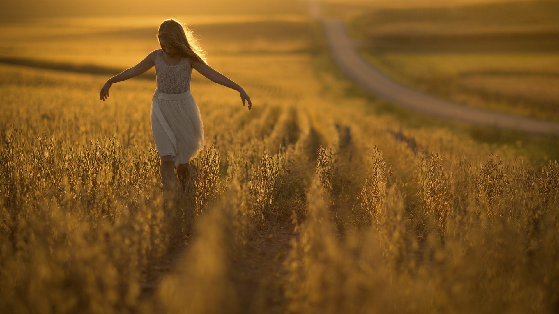 blonde, Jake Olson, white dress, children, Nebraska, depth of field, road, 1080P, field, HD Wallpaper