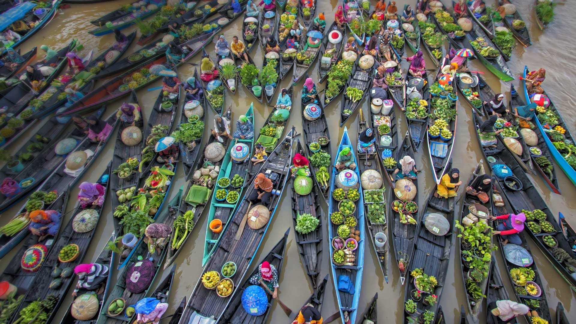 floating market, Indonesia, 1080P, boats, trade, the martapura river, Lock-Bunyan, HD Wallpaper
