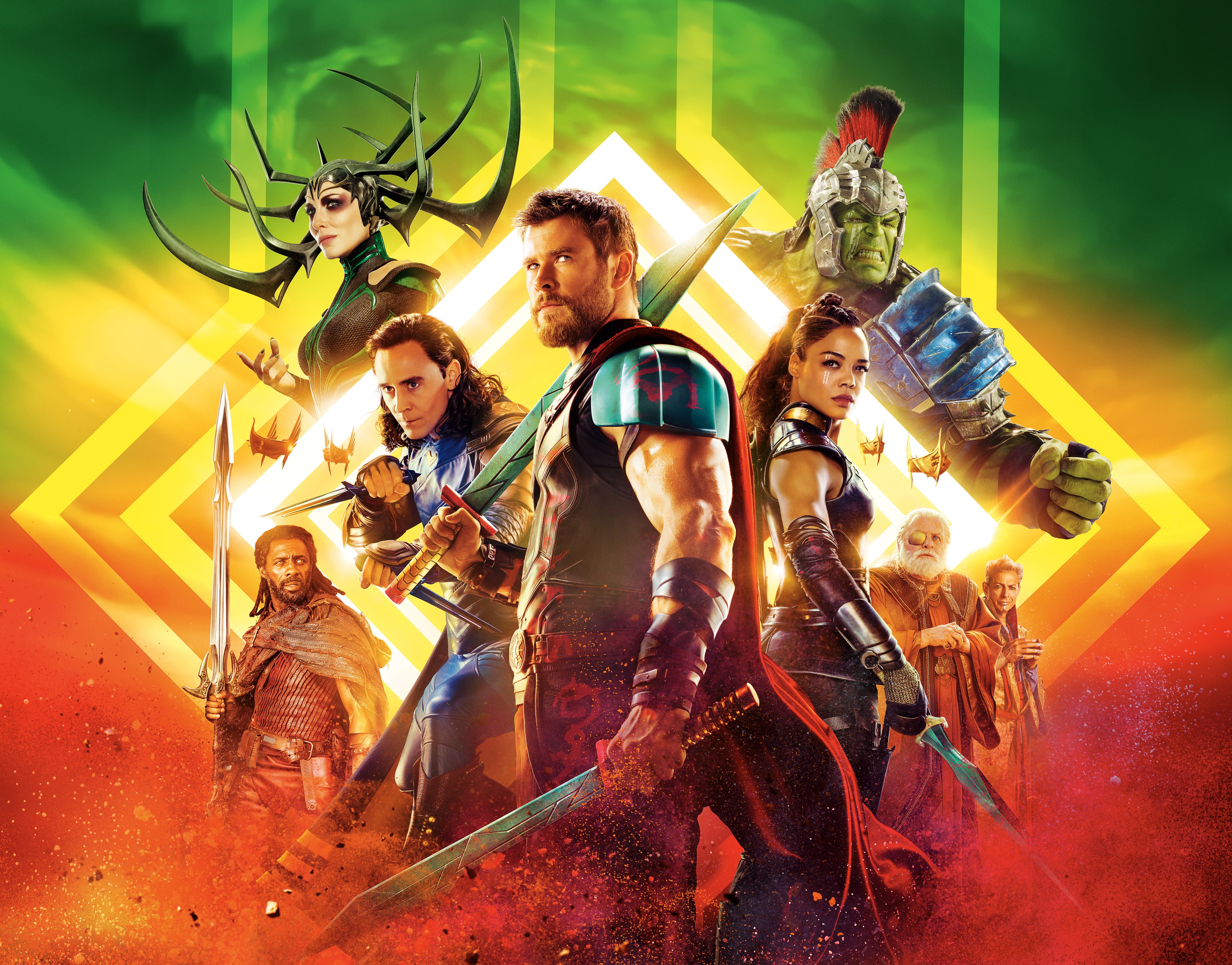 Thor: Ragnarok, Anthony Hopkins, Valkyrie (Marvel Comics), Thor, Chris Hemsworth, Movie, Odin, 4K, Tom Hiddleston, Cate Blanchett, Loki, Grandmaster (Marvel Comics), HD Wallpaper