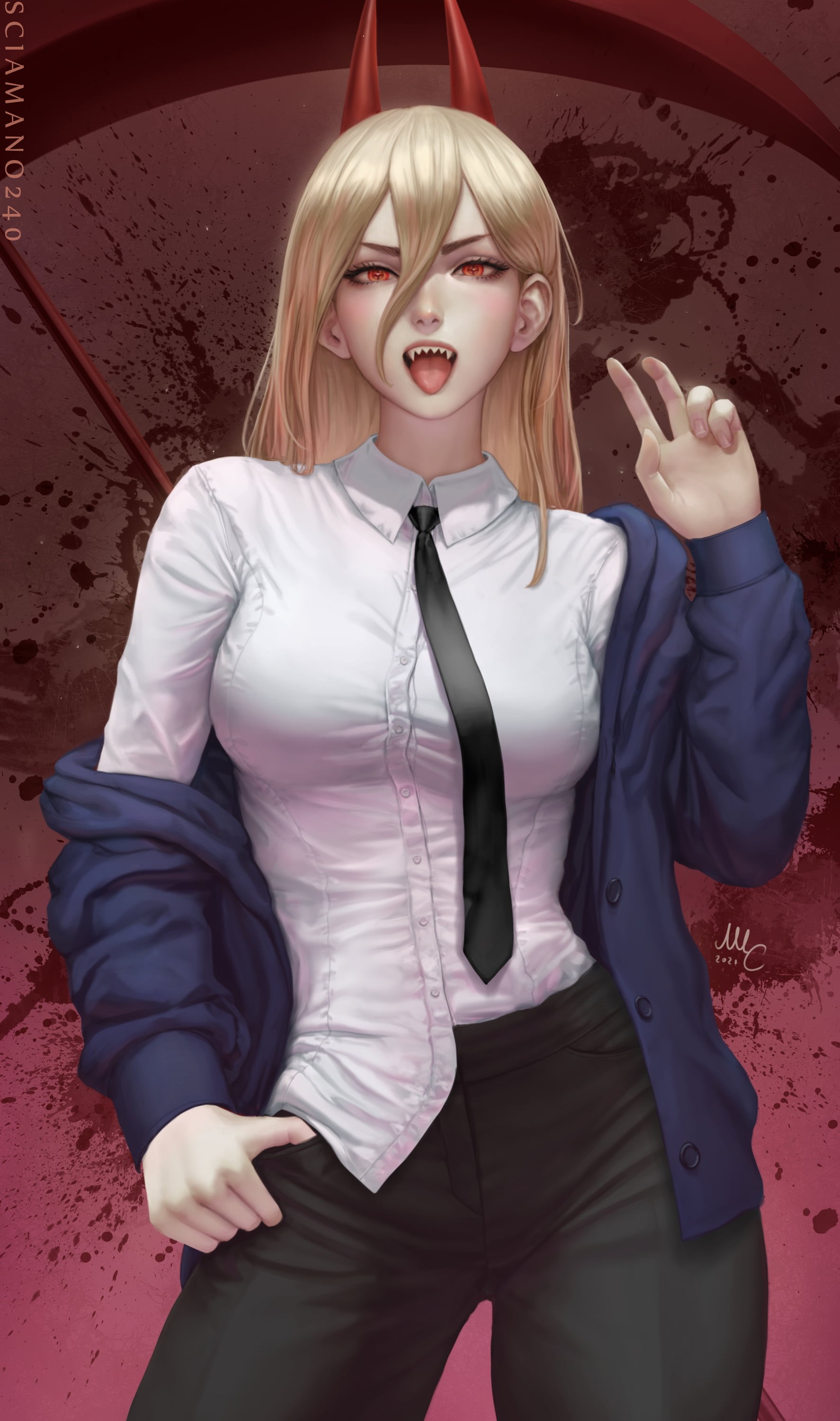2K, horns, looking at viewer, fan art, tongue out, fantasy girl, anime, Chainsaw Man, drawing, Mirco Cabbia, anime girls, tie, shirt, artwork, long hair, Phone HD Wallpaper