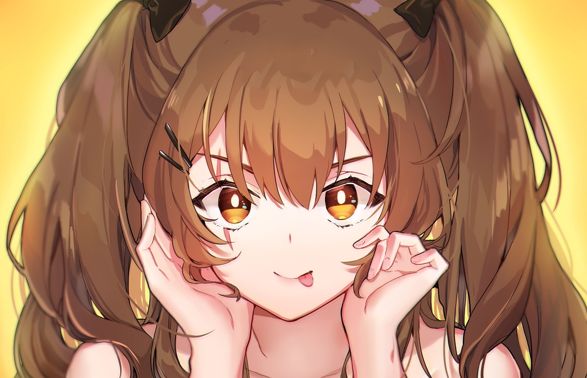 long hair, anime girls, human representation, indoors, spooky, close-up, body part, brunette, tongue out, representation, male likeness, face, anime, creativity, HD Wallpaper