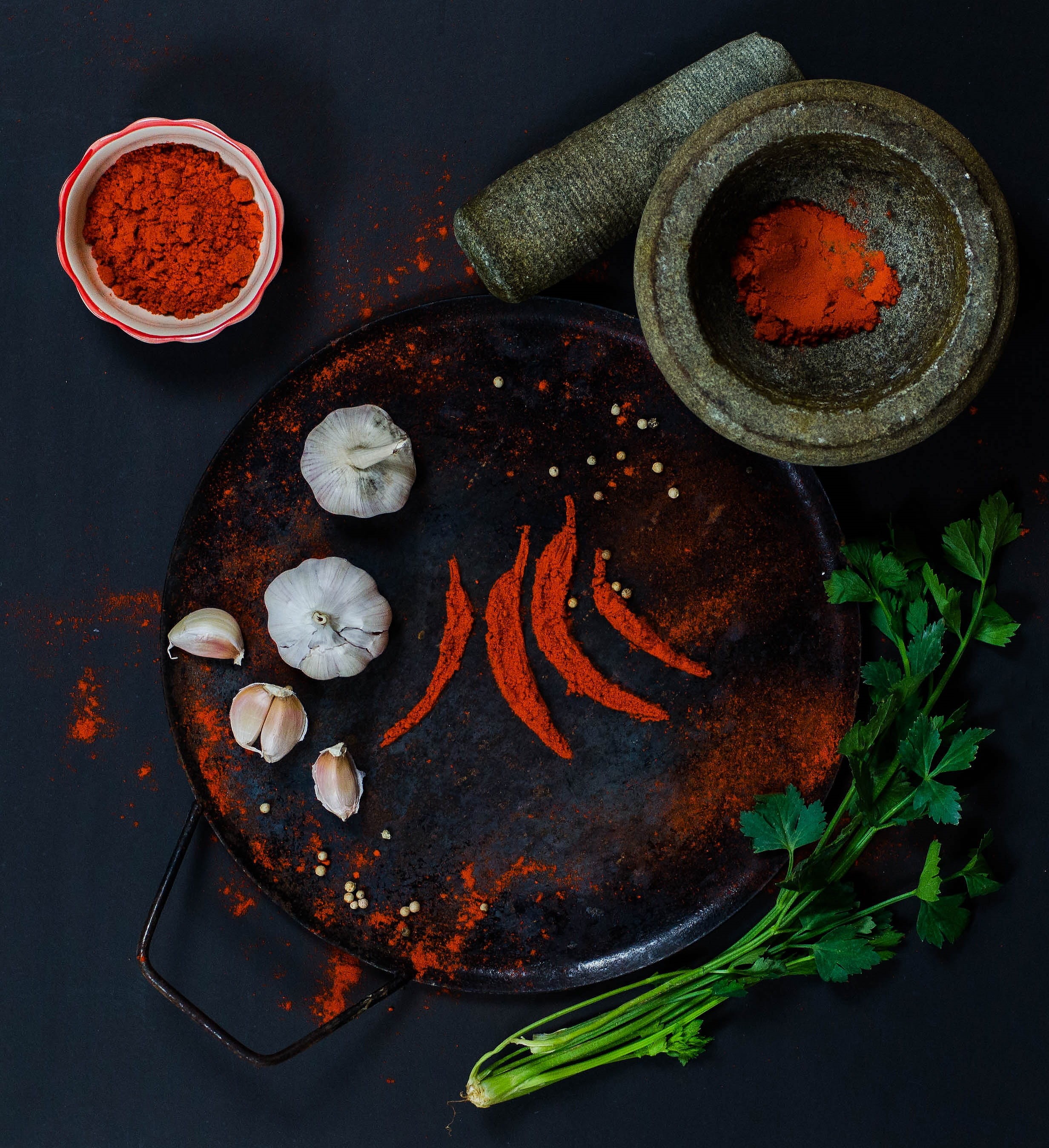 ingredient, red chili, black background, top, indoors, food, paprika, directly above, powder, freshness, still life, cook, plant, steel, heads, meat, round, Phone HD Wallpaper