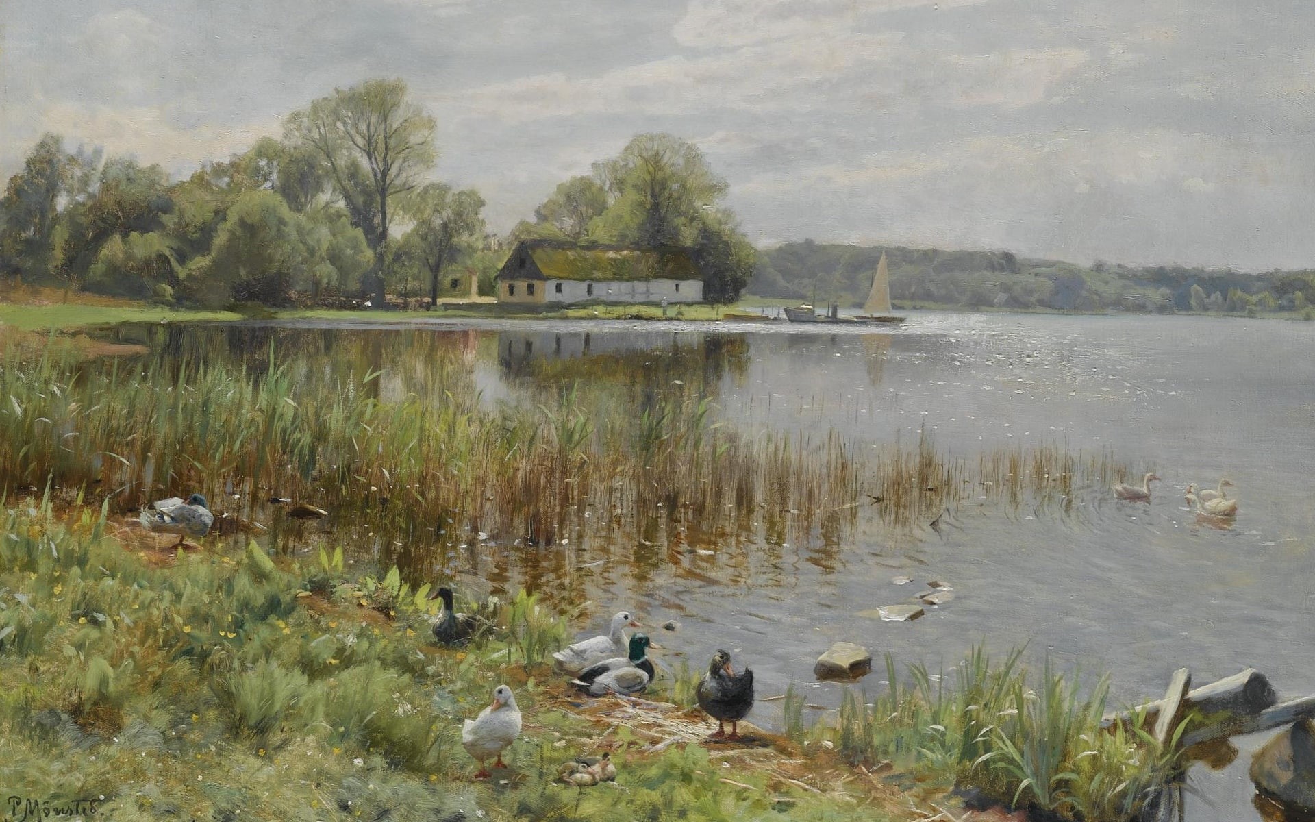 1080P, 1937, Ducks at the pond, Danish realist painter, Peder Mørk Mønsted, Peter Merk Of Menstad, Danish painter, HD Wallpaper