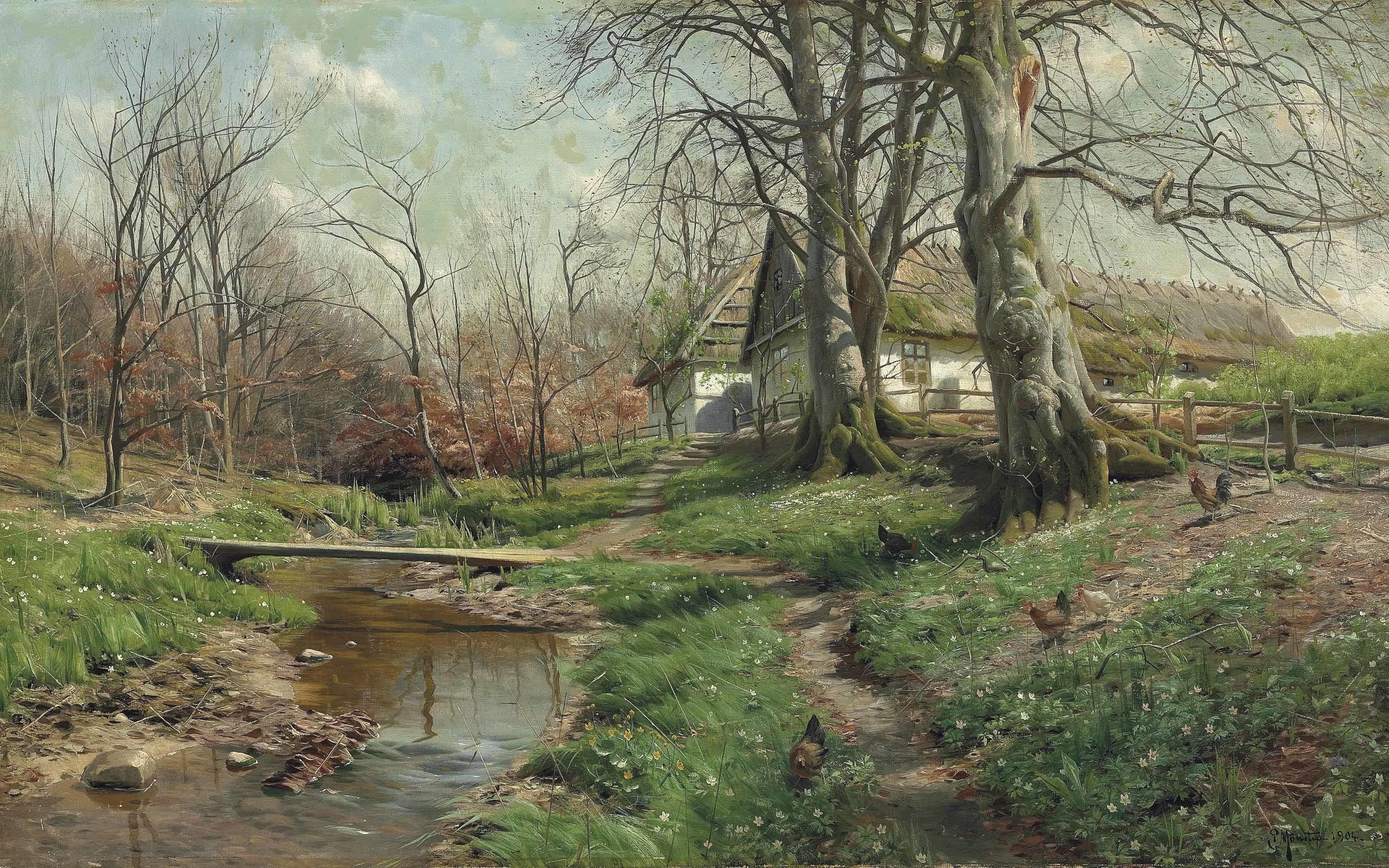 Farmstead by a river, 2K, Danish realist painter, HOMESTEAD by the river, Danish painter, 1904, Peter Merk Of Menstad, Peder Mørk Mønsted, HD Wallpaper