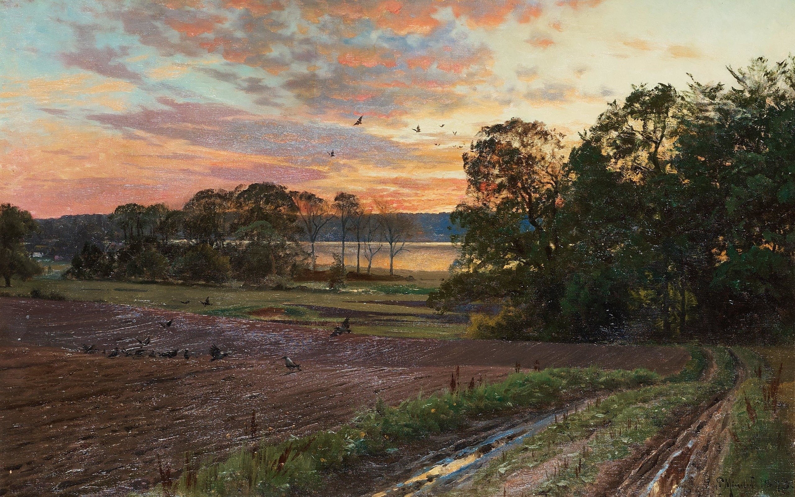 Danish painter, 1893, 2K, Danish realist painter, Landscape with the setting sun, Landscape with setting sun, Peder Mørk Mønsted, Peter Merk Of Menstad, HD Wallpaper