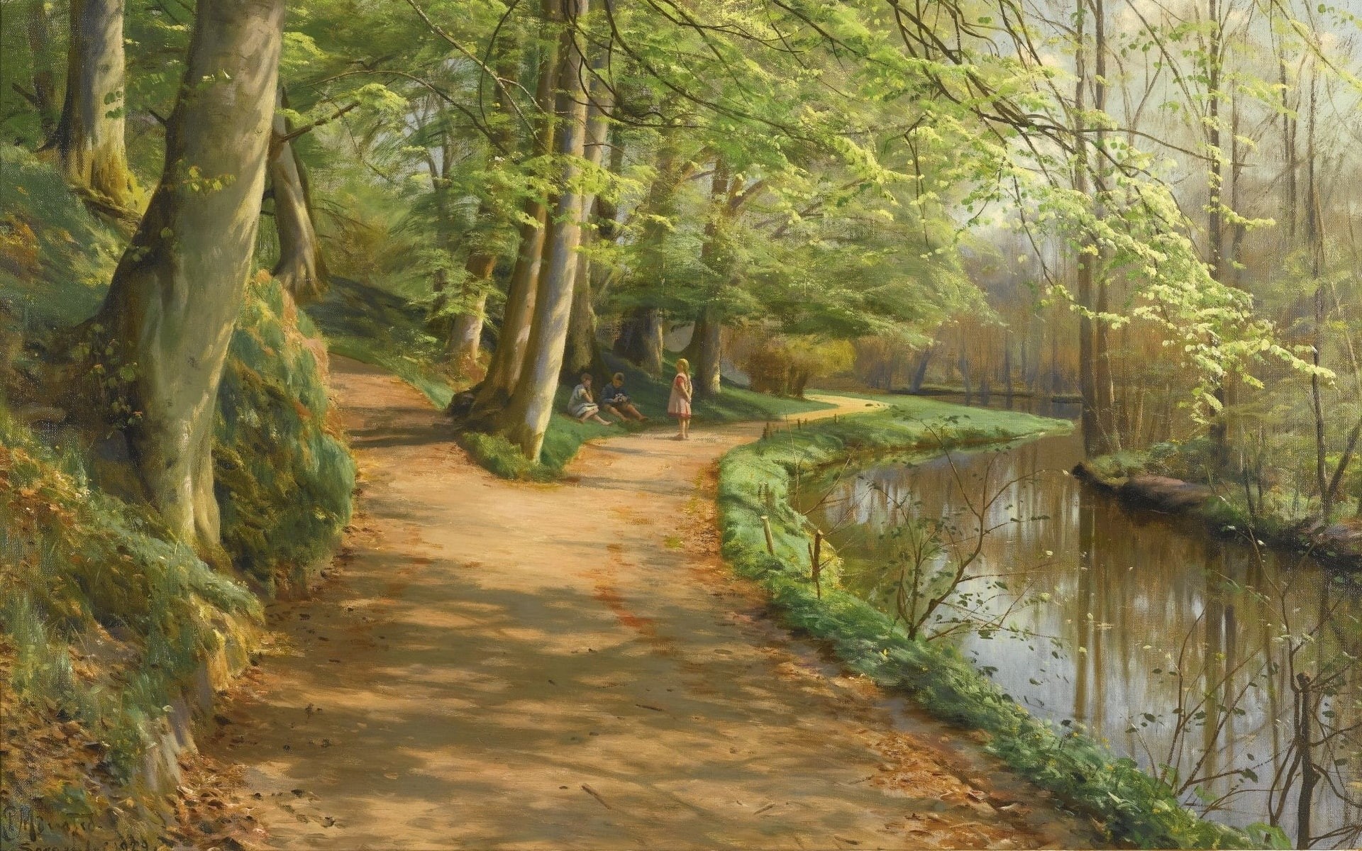 Children by a stream, Danish realist painter, Peter Merk Of Menstad, Children of the river, Peder Mørk Mønsted, 1080P, 1929, Danish painter, HD Wallpaper