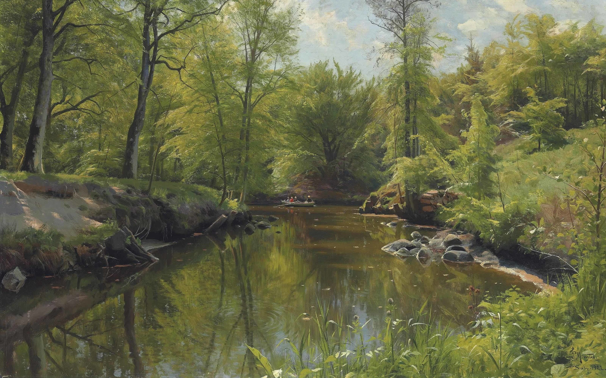 1922, Peter Merk Of Menstad, 2K, Peder Mørk Mønsted, Danish painter, Danish realist painter, Rowing on a river in Summer, Rowing on the river in the summer, HD Wallpaper
