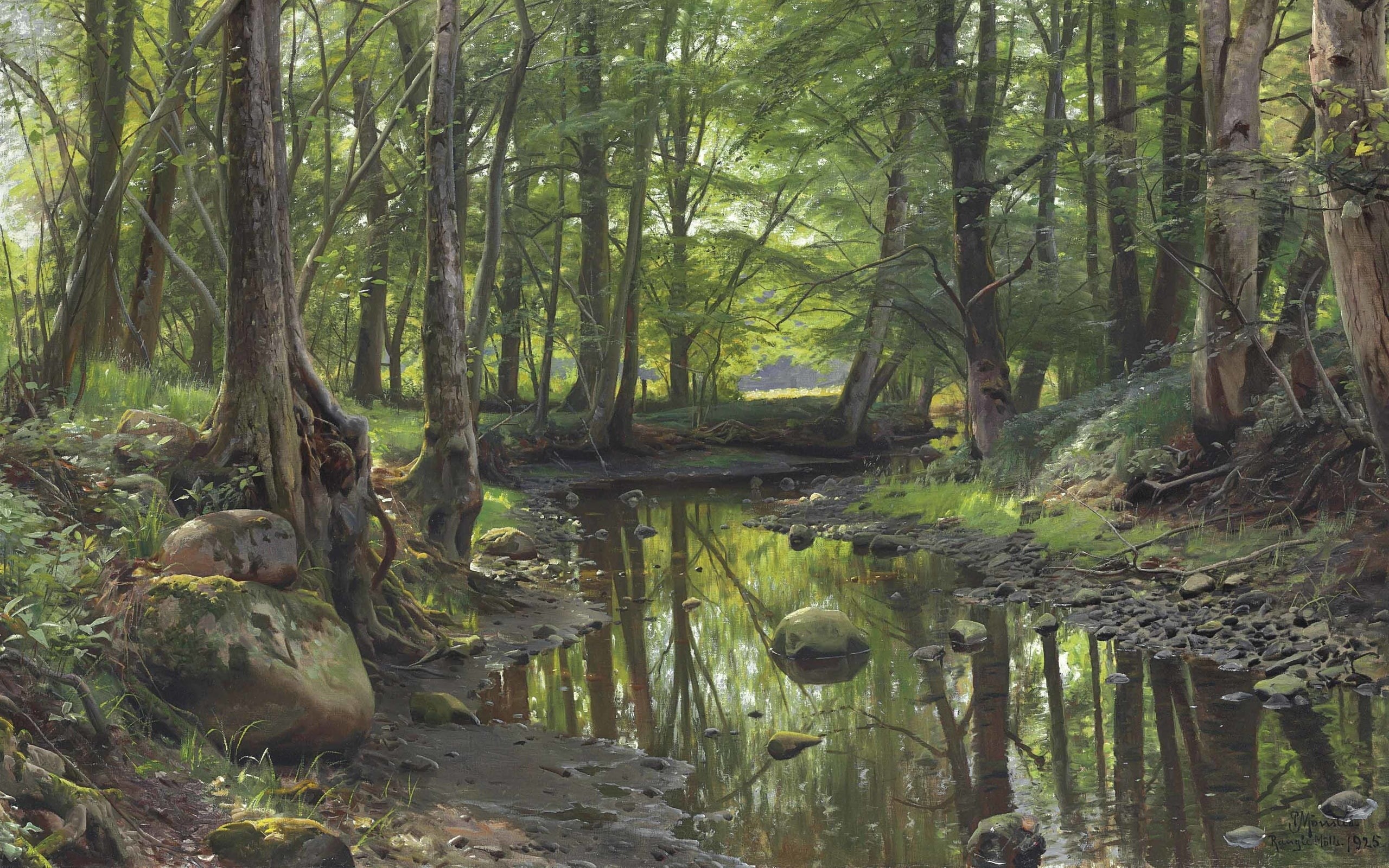 Forest stream, 2K, Danish painter, A Stream in the Forest, 1925, Peder Mørk Mønsted, Danish realist painter, Peter Merk Of Menstad, HD Wallpaper