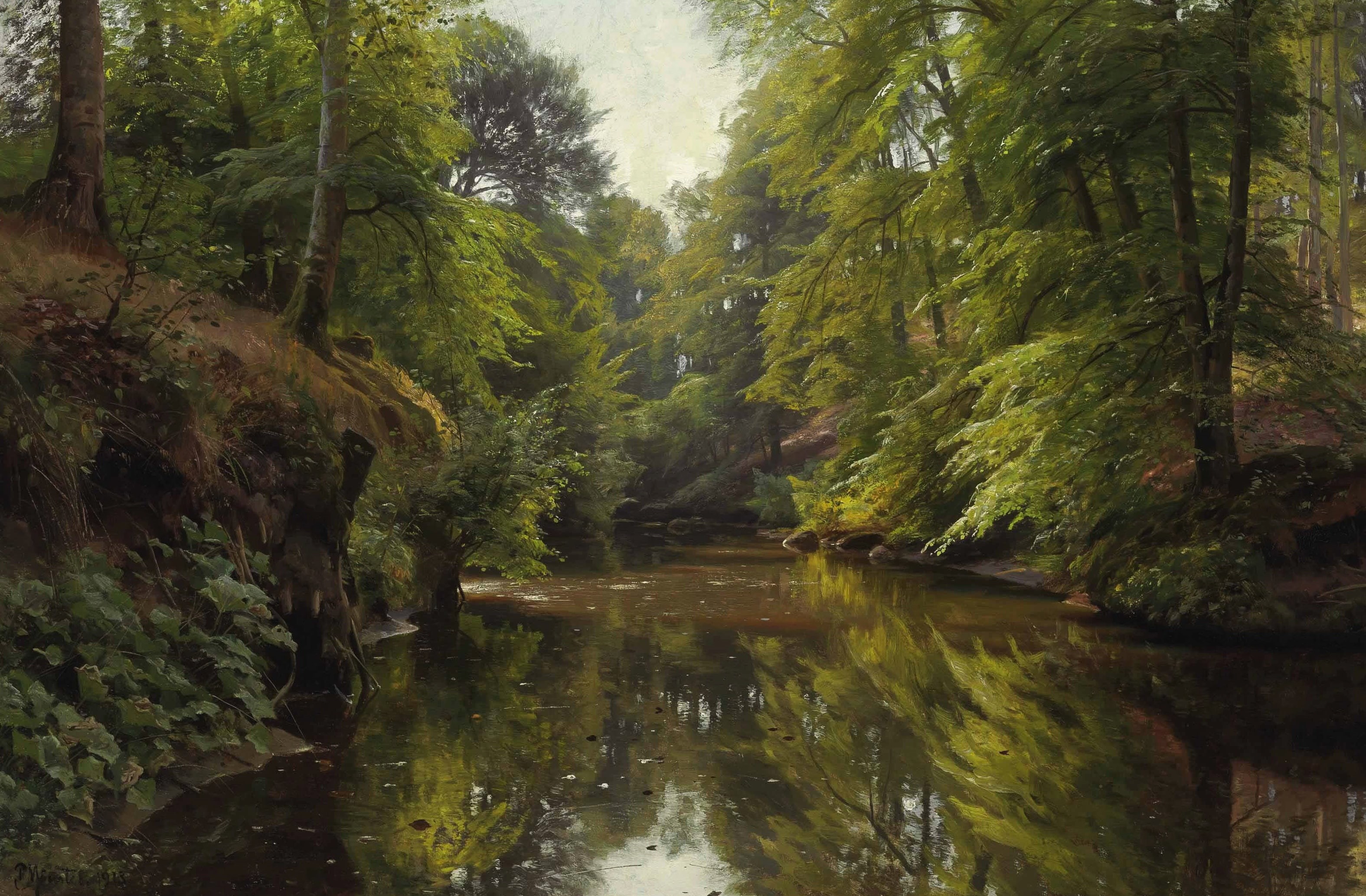 Peter Merk Of Menstad, Peder Mørk Mønsted, nature, Forest Landscape with River, picture, 2K, HD Wallpaper