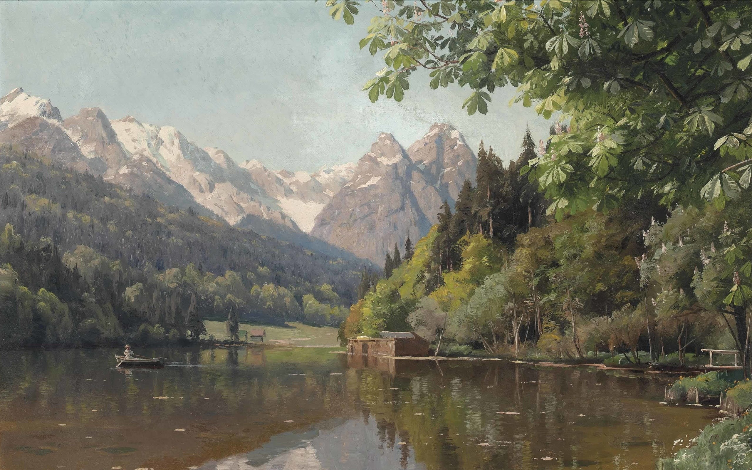 Danish painter, Rowing on the lake, Peter Merk Of Menstad, 1913, Danish realist painter, Peder Mørk Mønsted, Rowing on a lake, 2K, HD Wallpaper