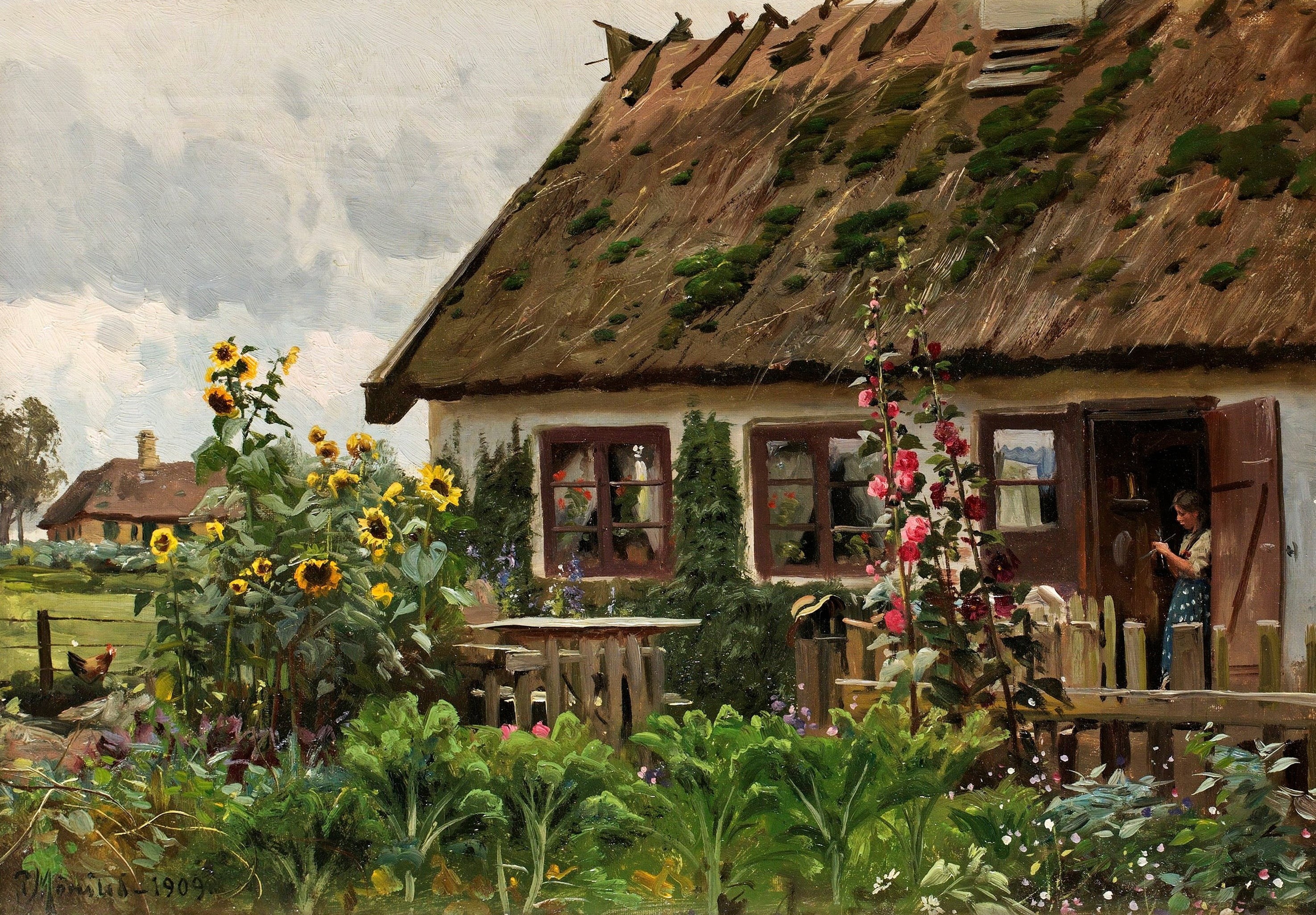 picture, Knitting Girl in the Doorway, wooden, Peder Mørk Mønsted, 2K, beige, flowers, landscape, house, brown, painting, Peter Merk Of Menstad, HD Wallpaper
