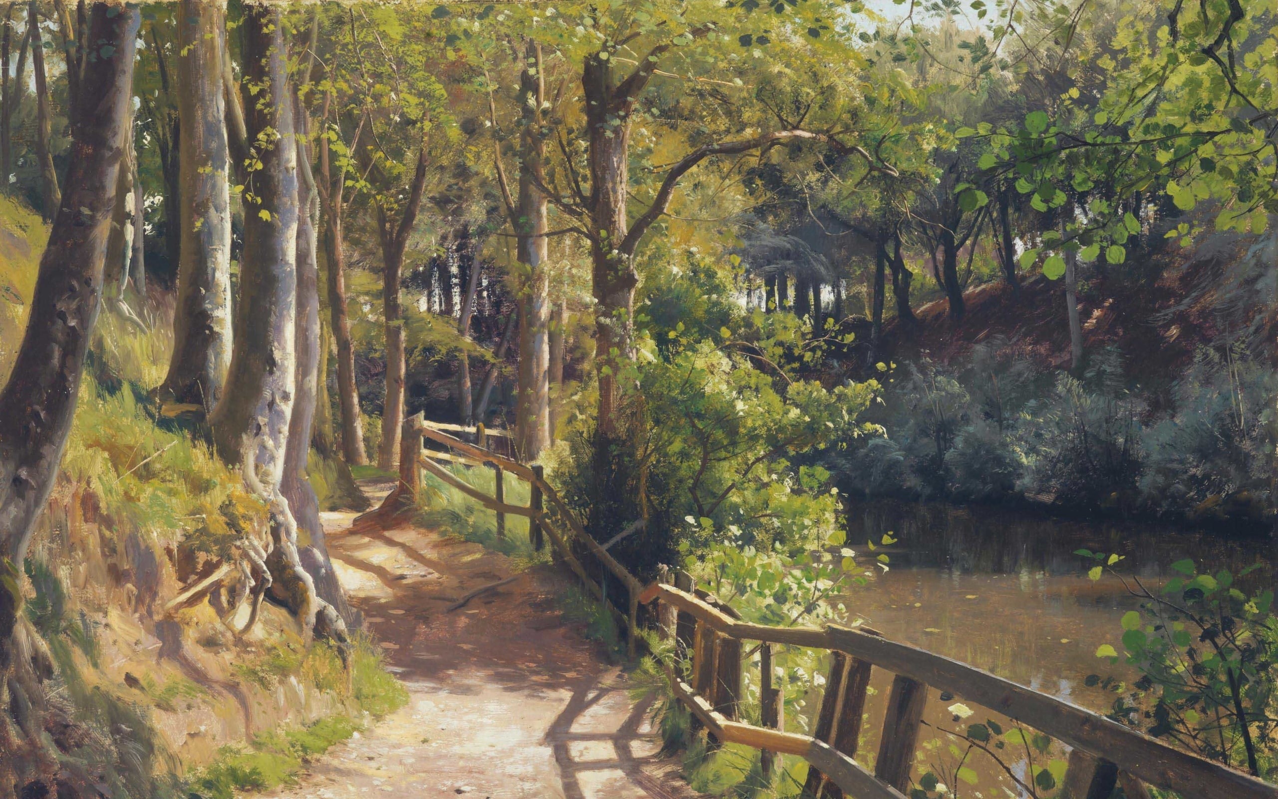 2K, Peter Merk Of Menstad, A Spring Day in Sæby Forest, 1916, Peder Mørk Mønsted, Flickering sunlight through the trees, Danish realist painter, Spring day in the woods Saeby, HD Wallpaper