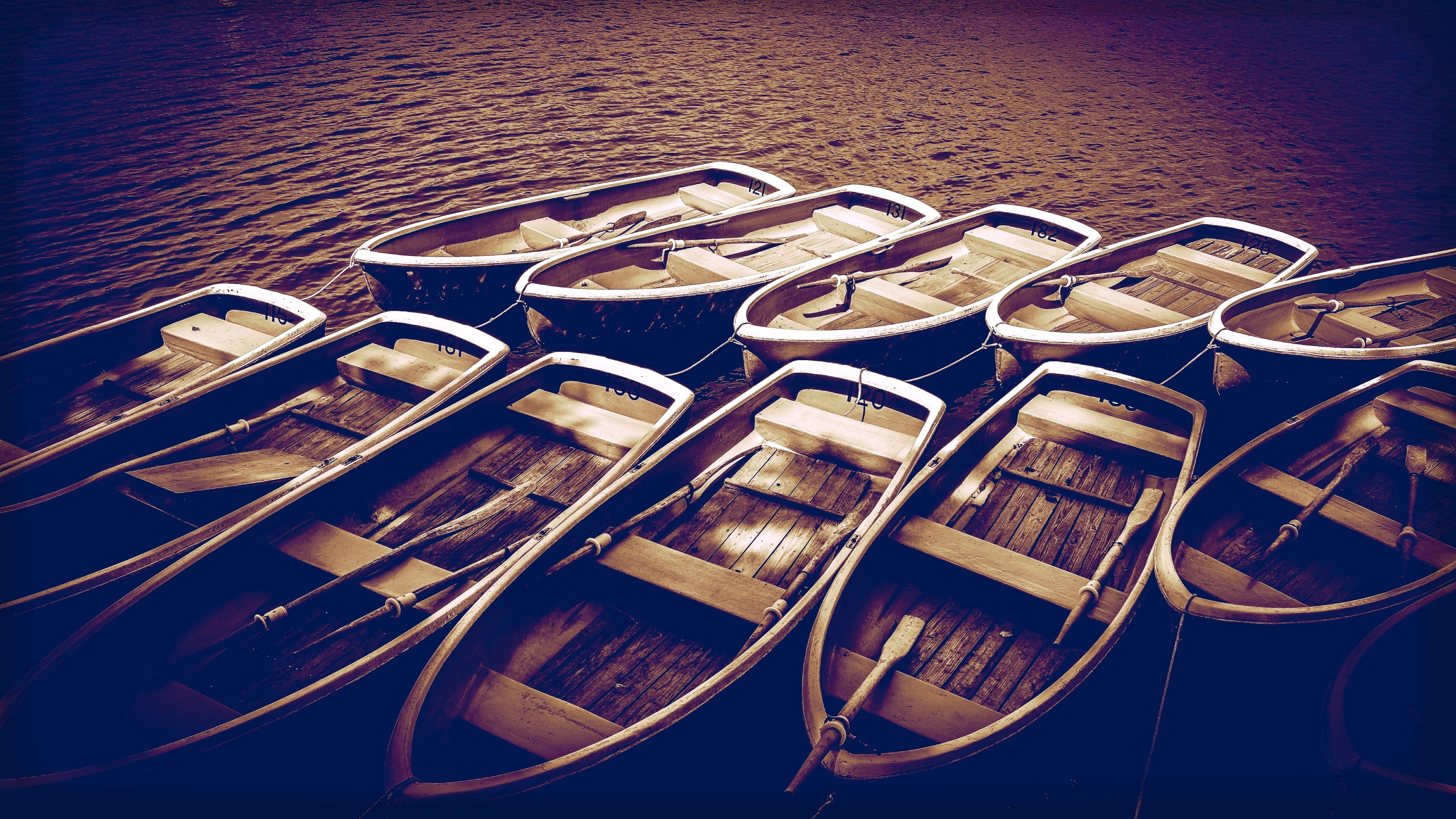 no people, outdoors, day, transportation, 4K, nature, dark, mode of transportation, rowboat, water, wood - material, nautical vessel, sea, lot, boat, in a row, HD Wallpaper