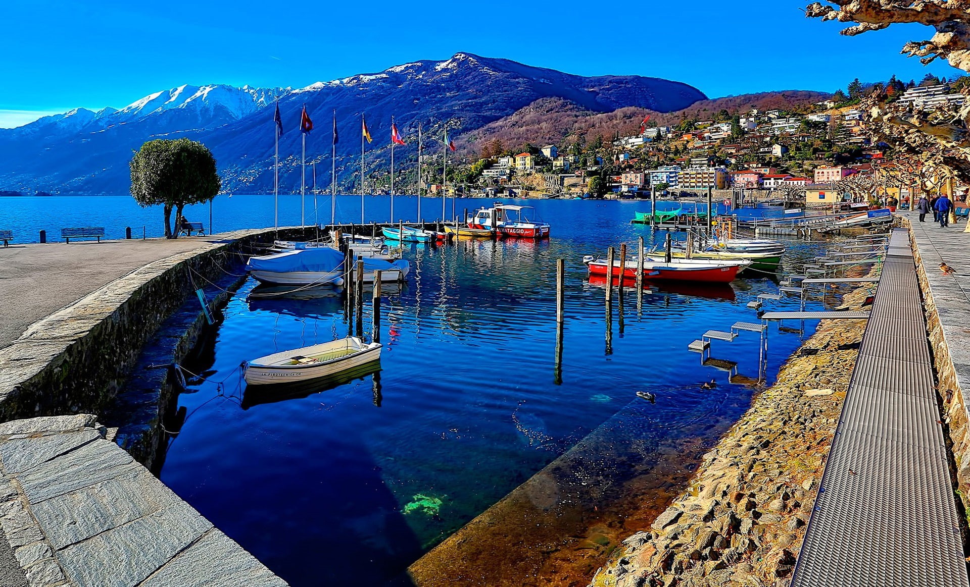 Mountain, Switzerland, 1080P, row, sky, boat, boats, houses, Ascona, quay, lot, landscape, Lake, yacht, HD Wallpaper