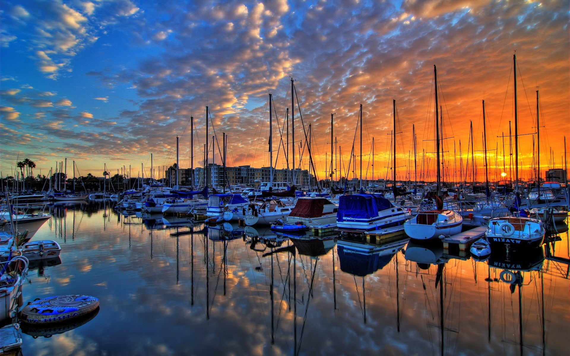 clouds, assorted, sunset, 1080P, water, yacht, transportation, no people, moored, architecture, cloud - sky, fishing, marina, boat, mast, sea, mode of transportation, HD Wallpaper