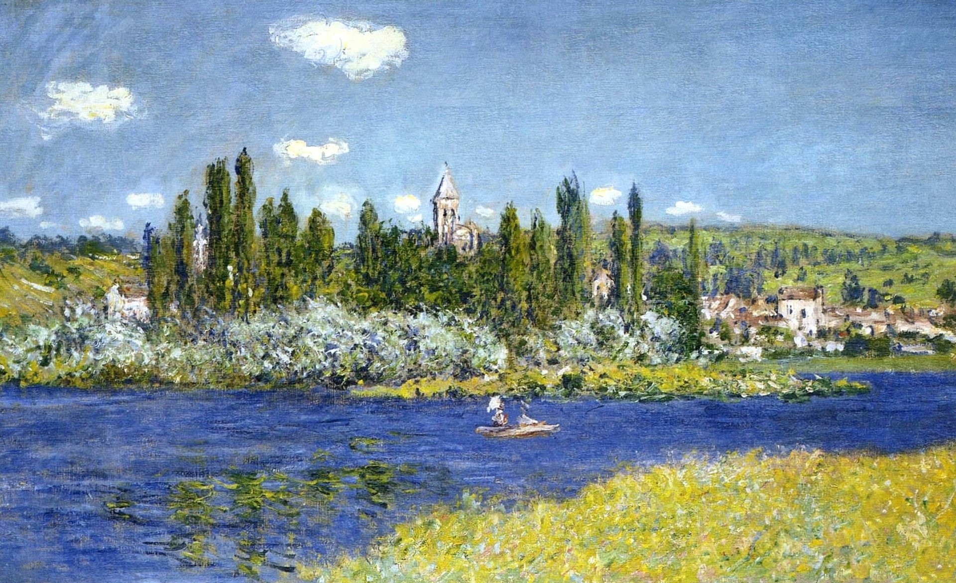 Vétheuil, 1080P, river, Claude Monet, boat, picture, landscape, HD Wallpaper