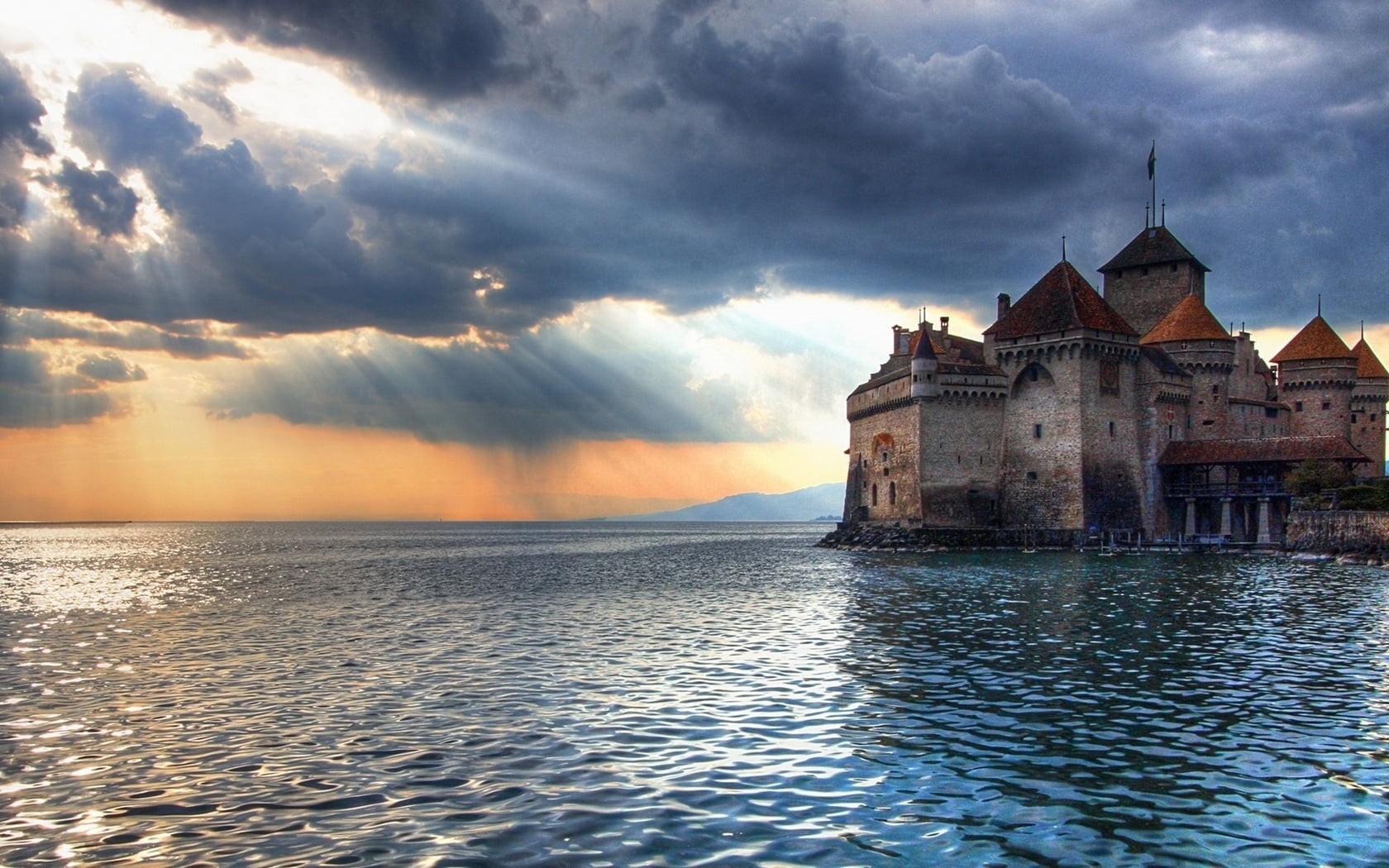 720P, surrounded, the past, architecture, sunset, cloud - sky, water, Lake Geneva, history, Chillon Castle, sky, dramatic sky, gray, travel destinations, HD Wallpaper