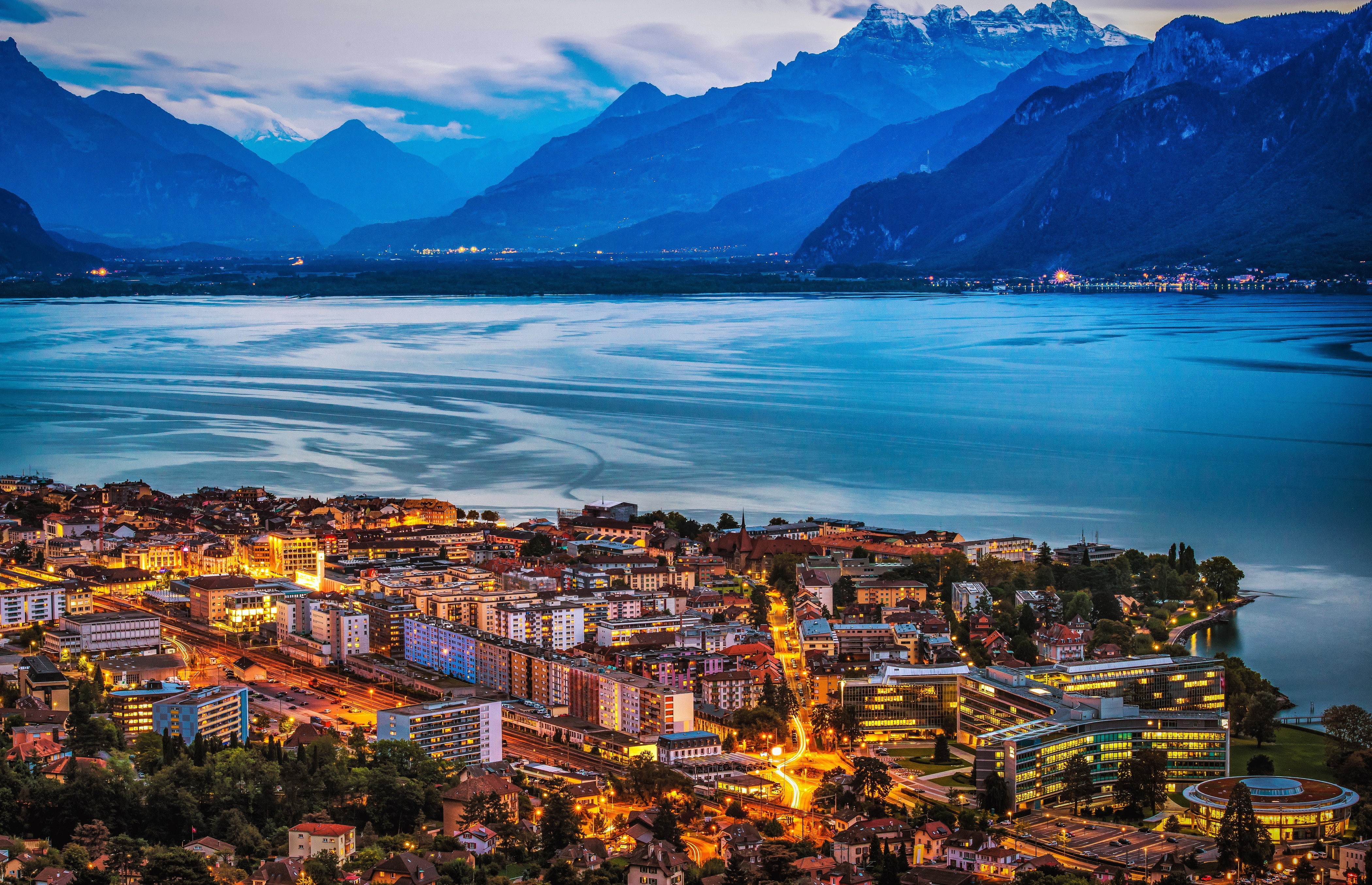 lake, lights, Switzerland, house, landscape, mountains, 4K, geneva, coast, Vevey on Lake Geneva, night, vevey, HD Wallpaper