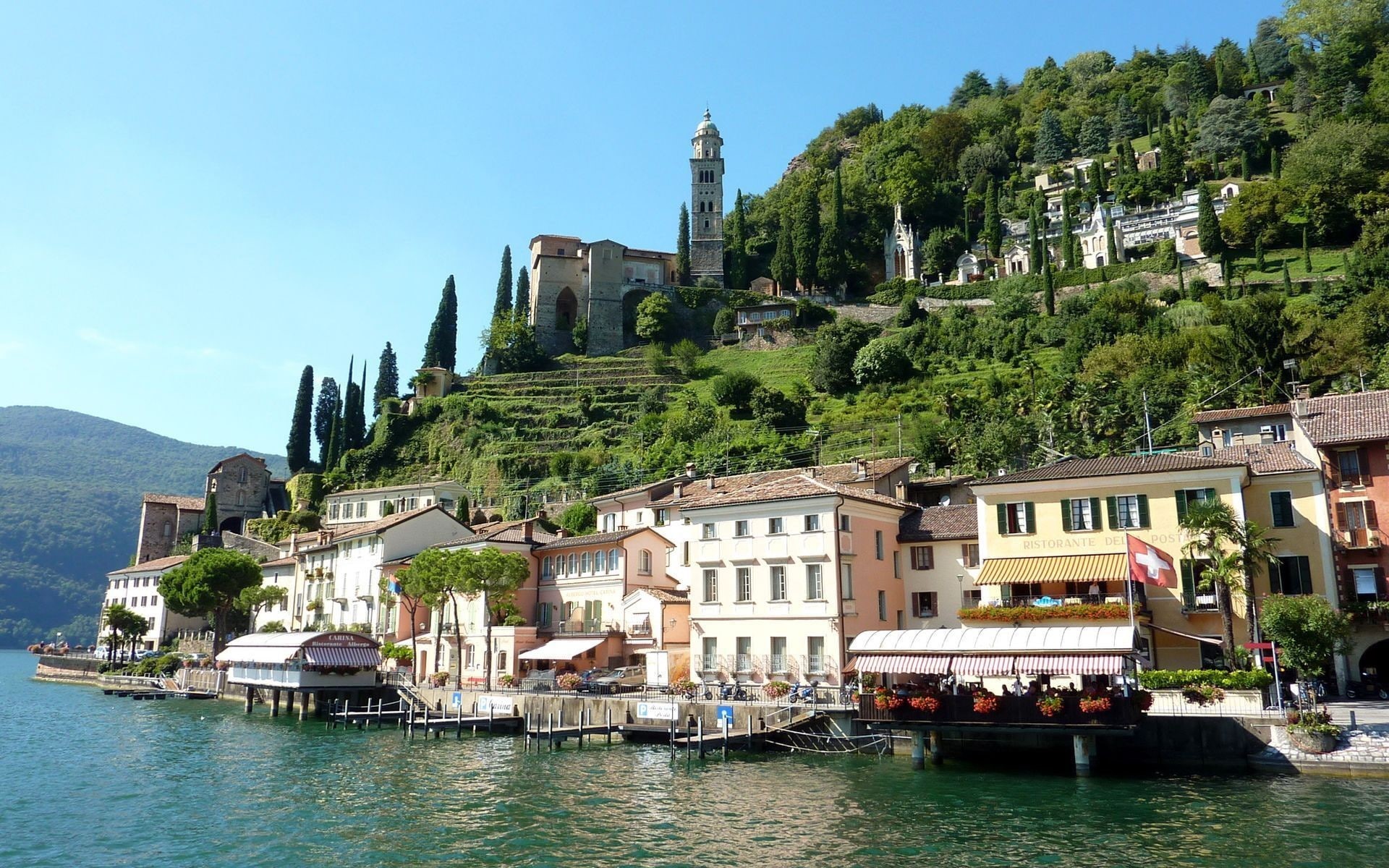 Switzerland, Lake Lugano, village, pier, lake, 1080P, church, landscape, HD Wallpaper