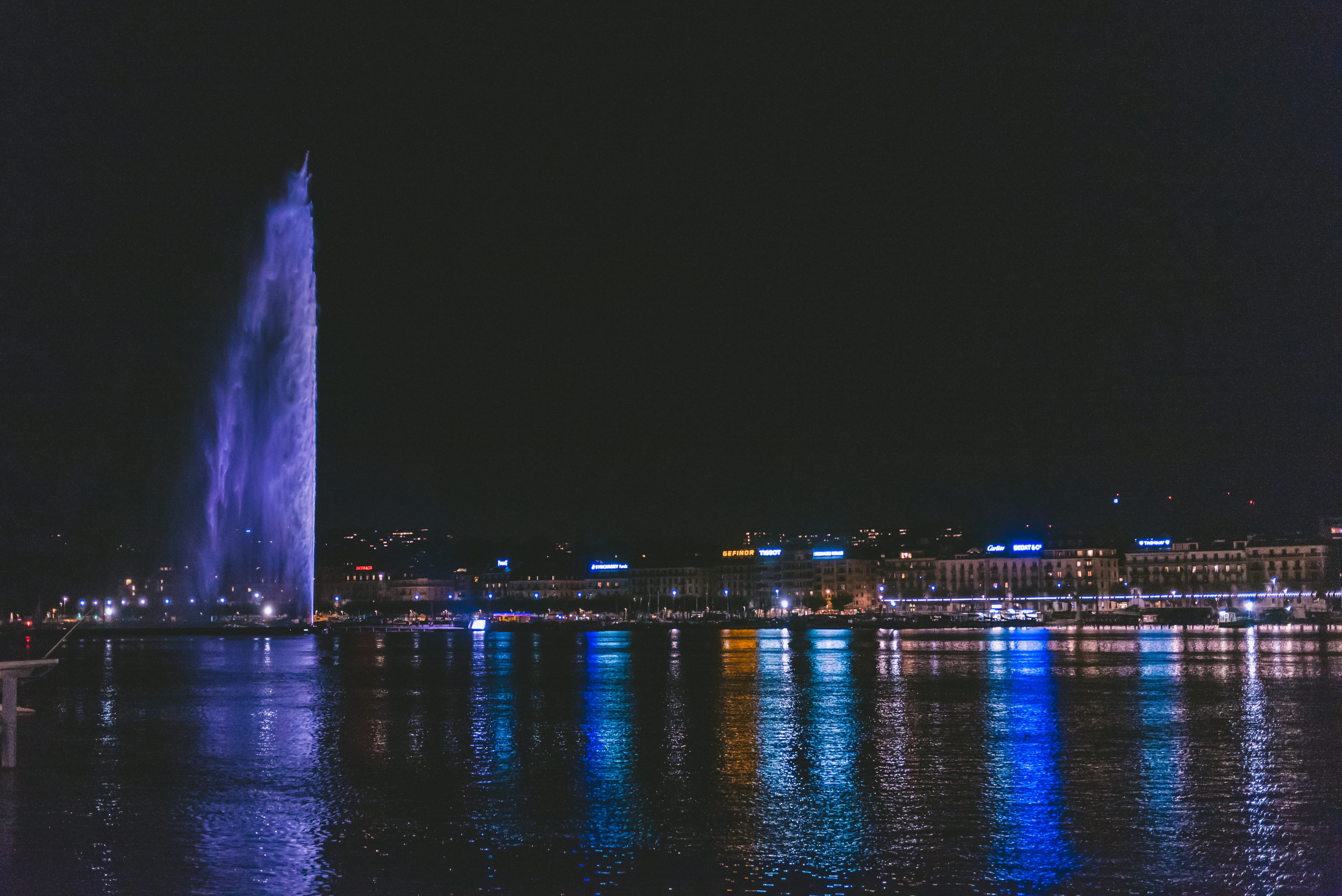 river, building exterior, no people, geneva, travel destinations, switzerland, water, travel, purple, city, reflection, building, illuminated, waterfront, HD Wallpaper