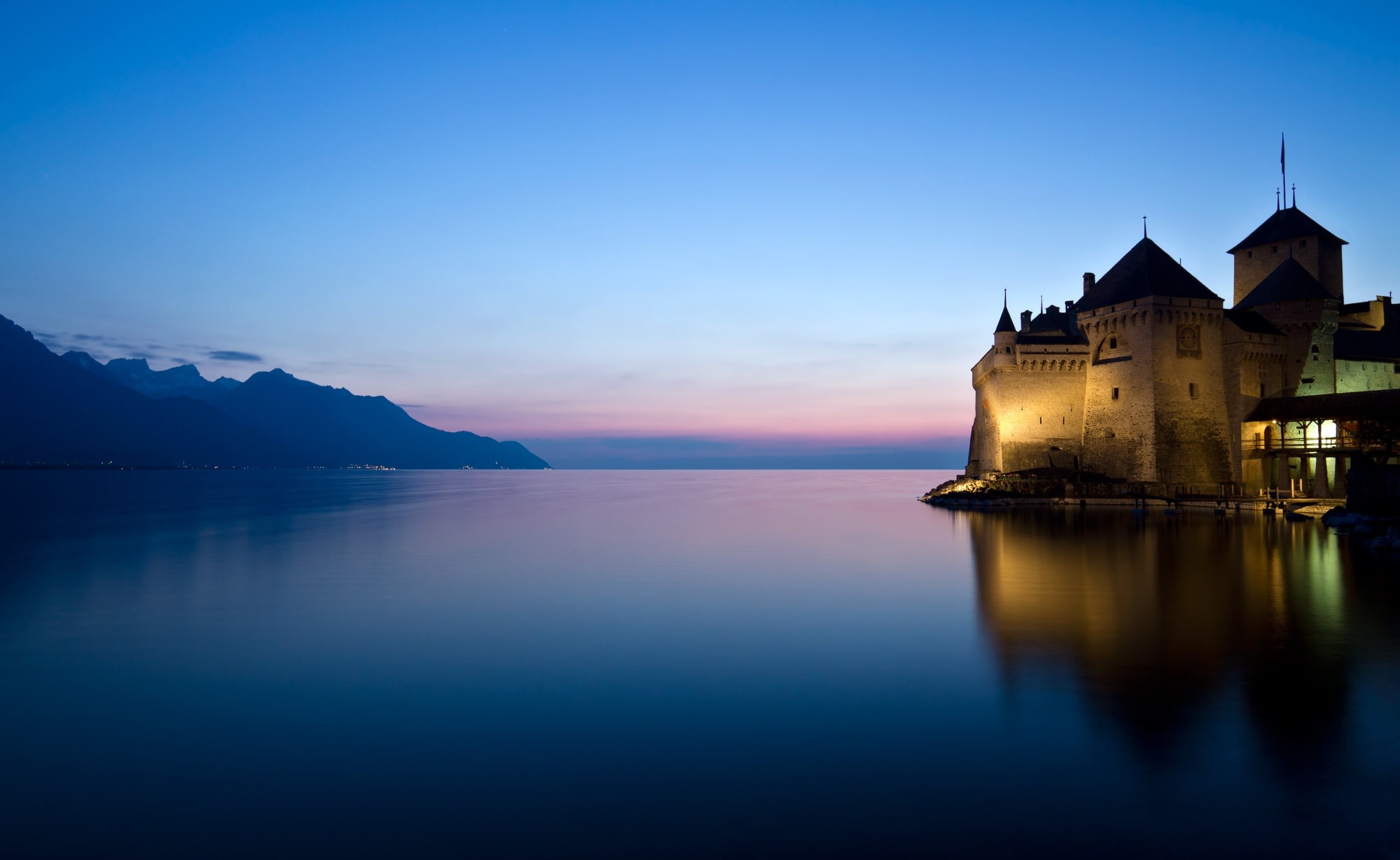 nature, beauty in nature, sky, tranquility, blue, chillon castle, castle, waterfront, reflection, concrete, building exterior, mountain, no people, water, HD Wallpaper