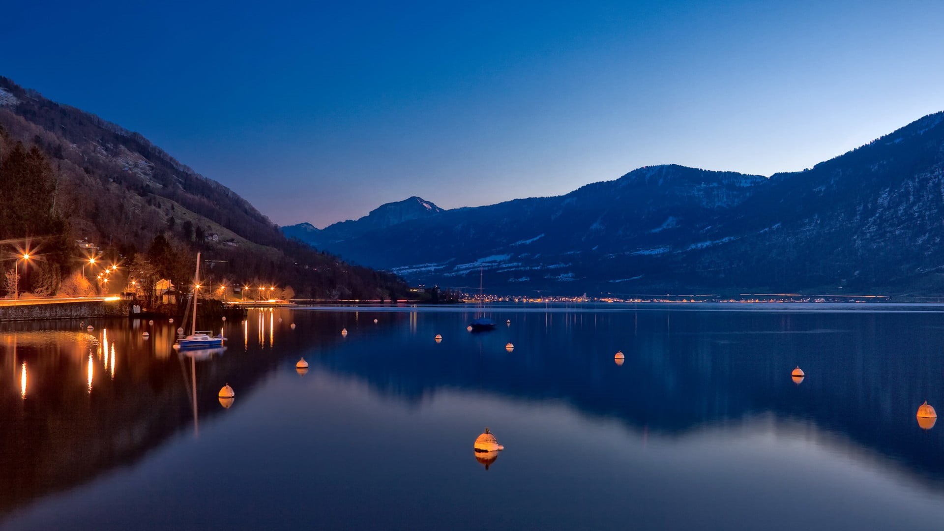 sky, reflection, blue, waterfront, tranquil scene, night, mountain, Switzerland, beauty in nature, cold temperature, landscape, lake zug (switzerland), HD Wallpaper