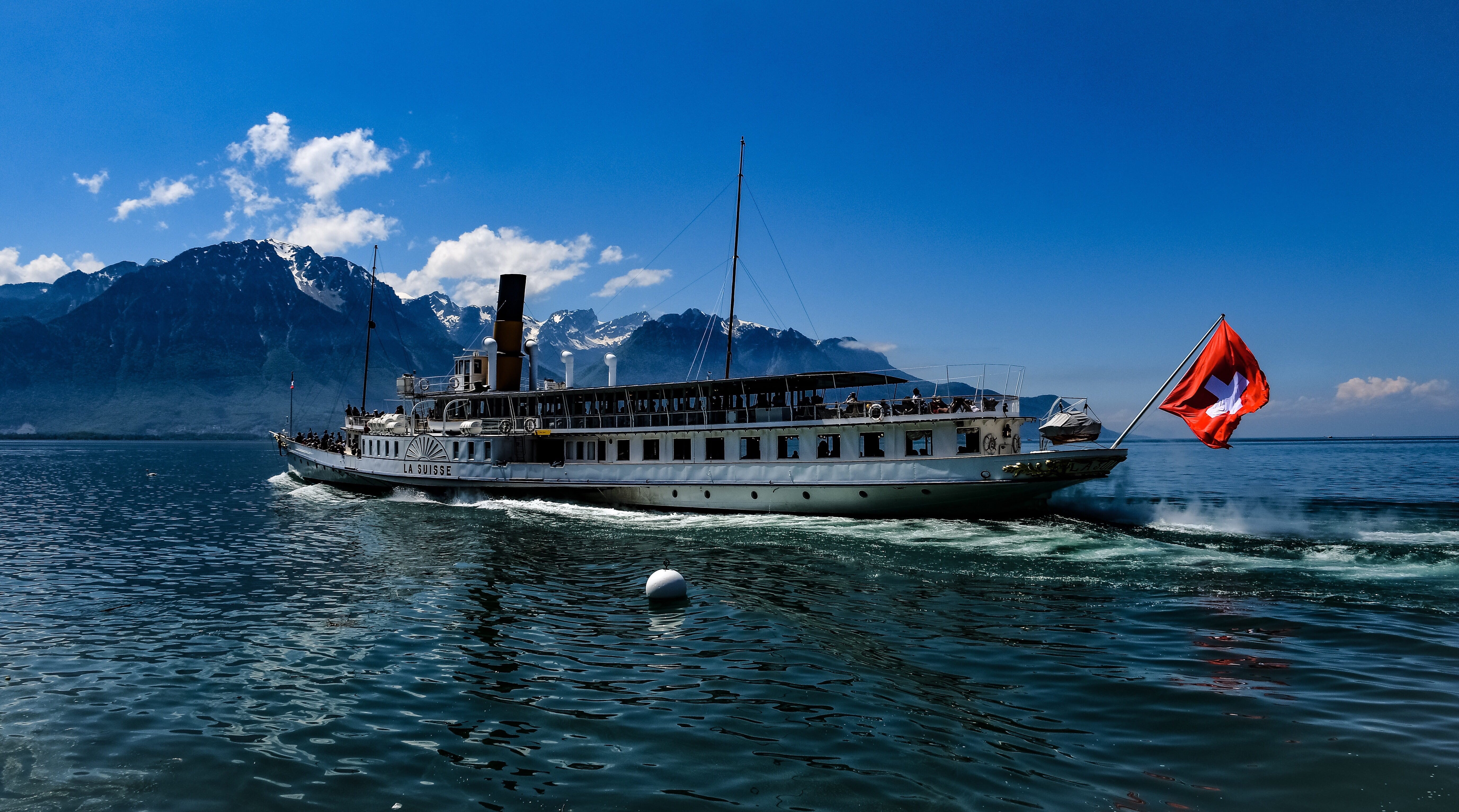no people, 5K, geneva, passenger craft, flag, nature, impellers, nautical vessel, cloud - sky, switzerland, cruise ship, steam, boat, sea, anchored, montreux, HD Wallpaper