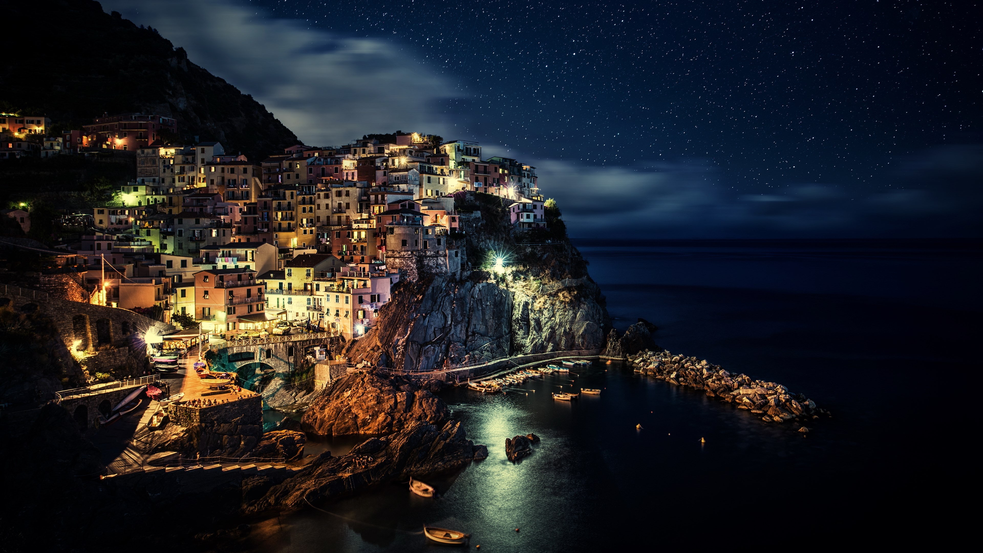 4K, space, beach, sky, horizon over water, building exterior, star - space, nature, sea, land, townscape, architecture, astronomy, no people, city, illuminated, HD Wallpaper