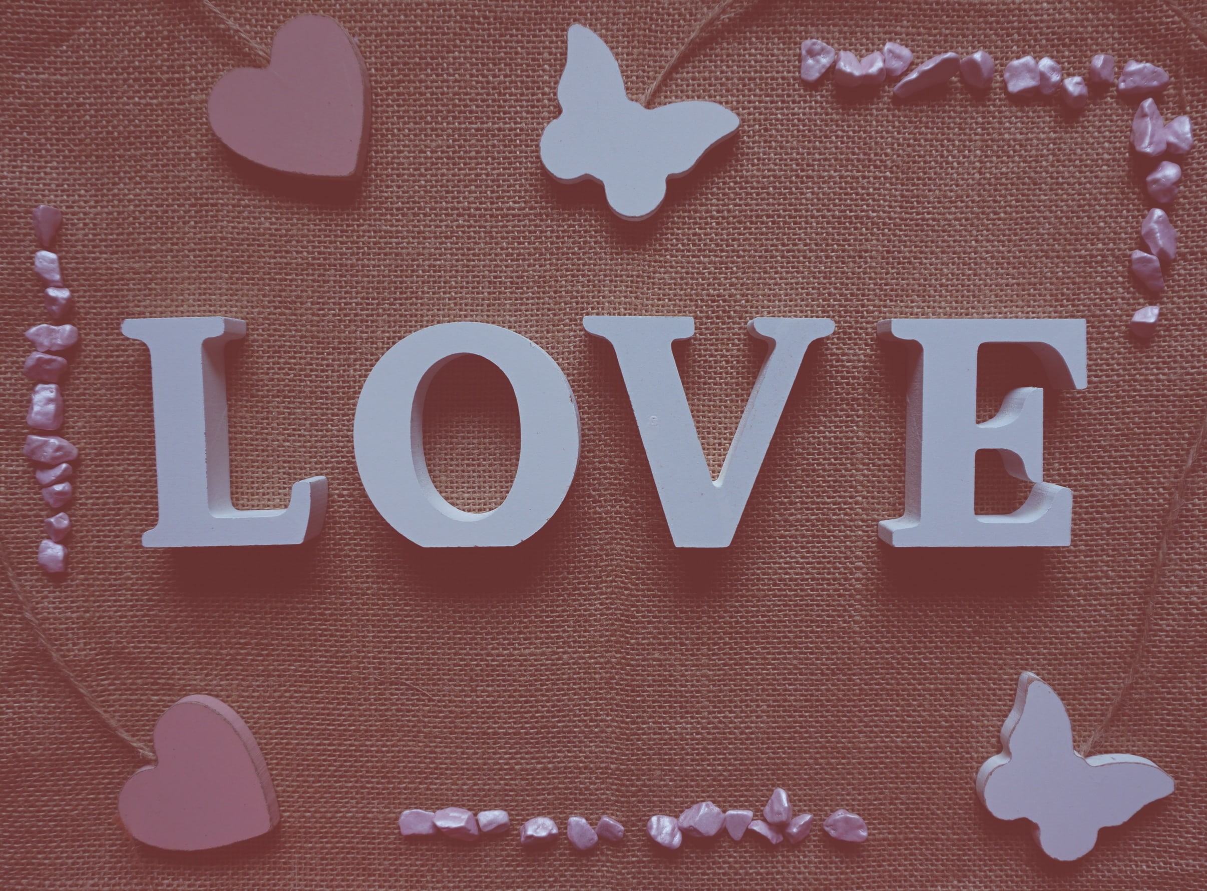 pink, backgrounds, heart figure, stones, hearts, standing, western script, fabric, table, directly above, heart shape, cotton, design, decorative letters, HD Wallpaper