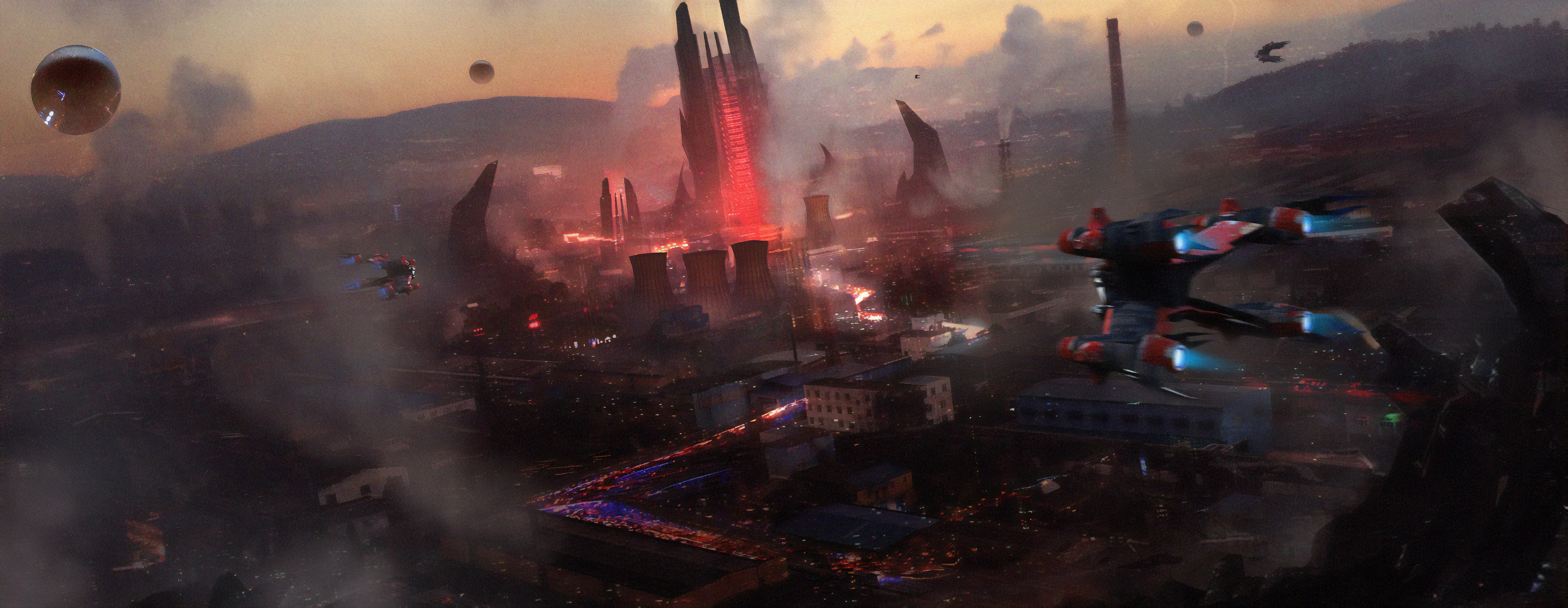 artwork, built structure, night, violence, crowd, fighting, building exterior, Liang Liu, smoke - physical structure, Conceptual, city, cityscape, war, HD Wallpaper