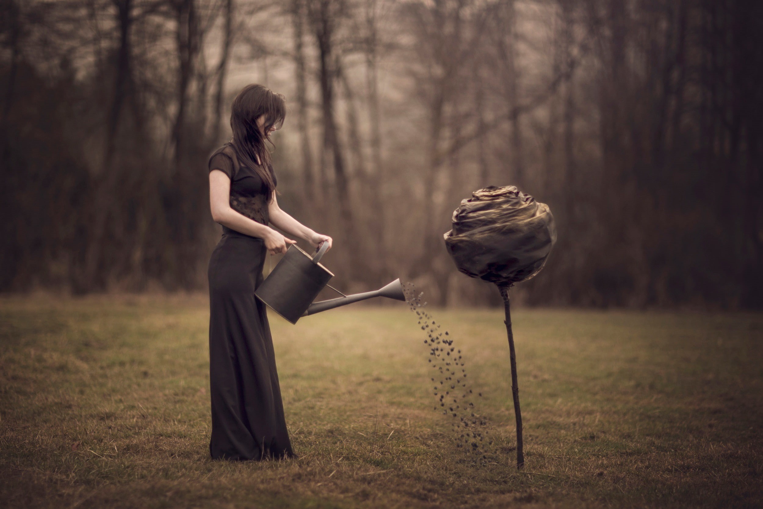 women, surreal, brunette, Conceptual, 1080P, black dress, see-through blouse, women outdoors, HD Wallpaper